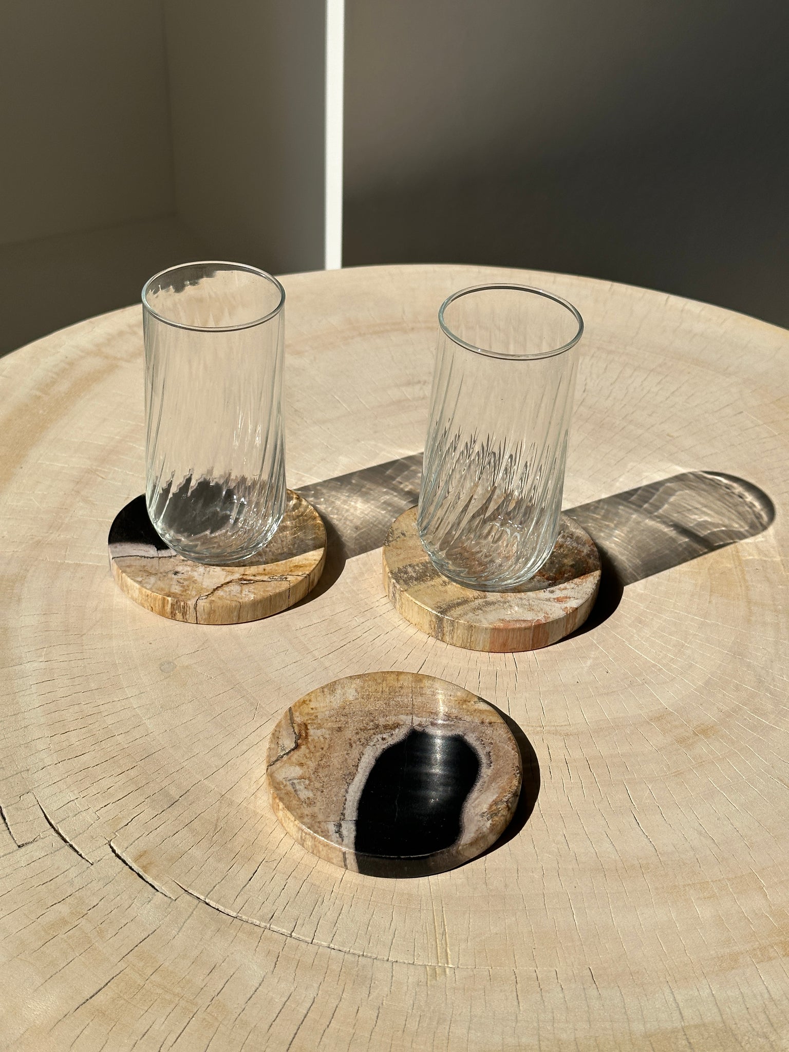 Ensemble de 3 dessous de verre en bois fossilisé (clairs)