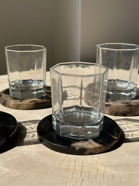 Ensemble de 4 dessous de verre en bois fossilisé (larges, 2 épais, 2 fins)