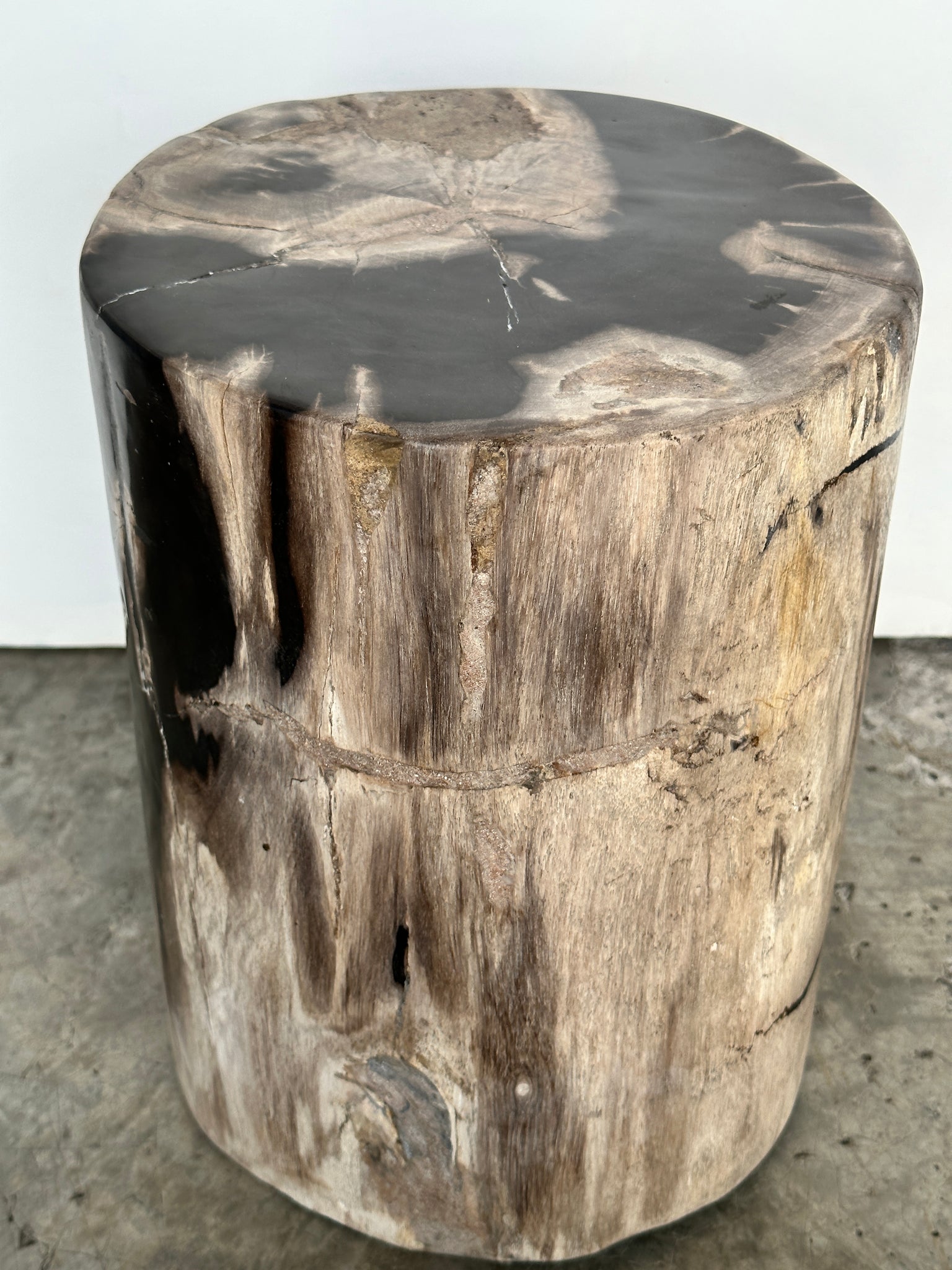 Table d'appoint en bois pétrifié à dominante noire H34 D24-25