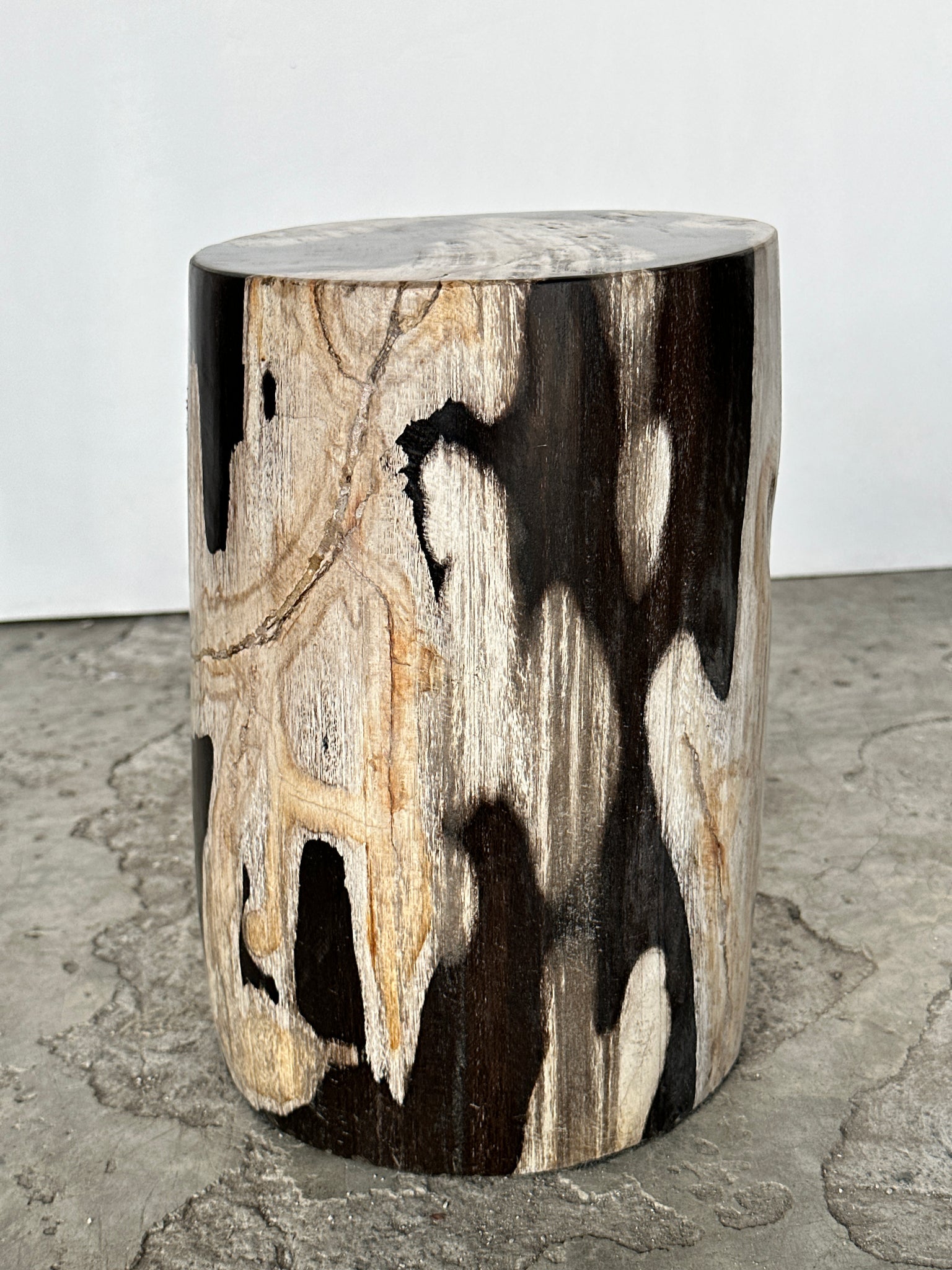 Petite table d'appoint en bois pétrifié noire, blanche et grise H28cm D:19