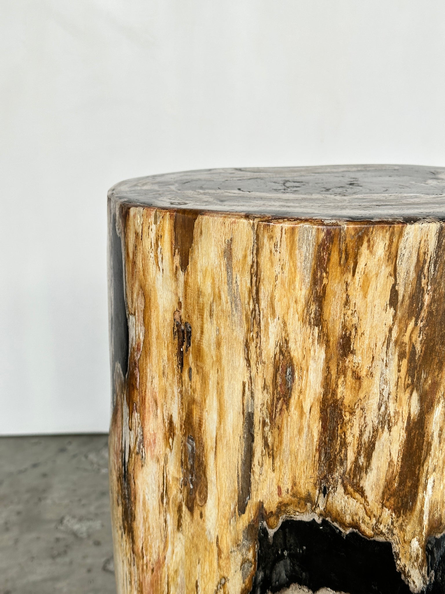 Grande table d'appoint en bois pétrifié organique multicolore noire H:45 D:26-36