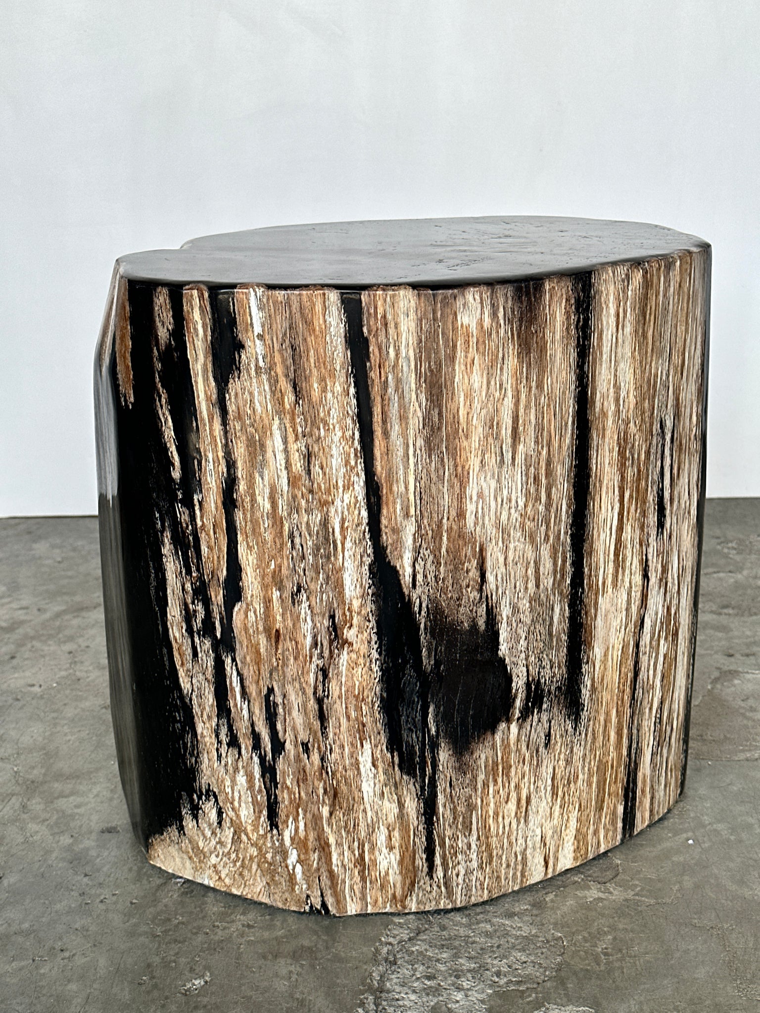 Grande table d'appoint en bois pétrifié forme organique à dominante noire H:40 D:34-42