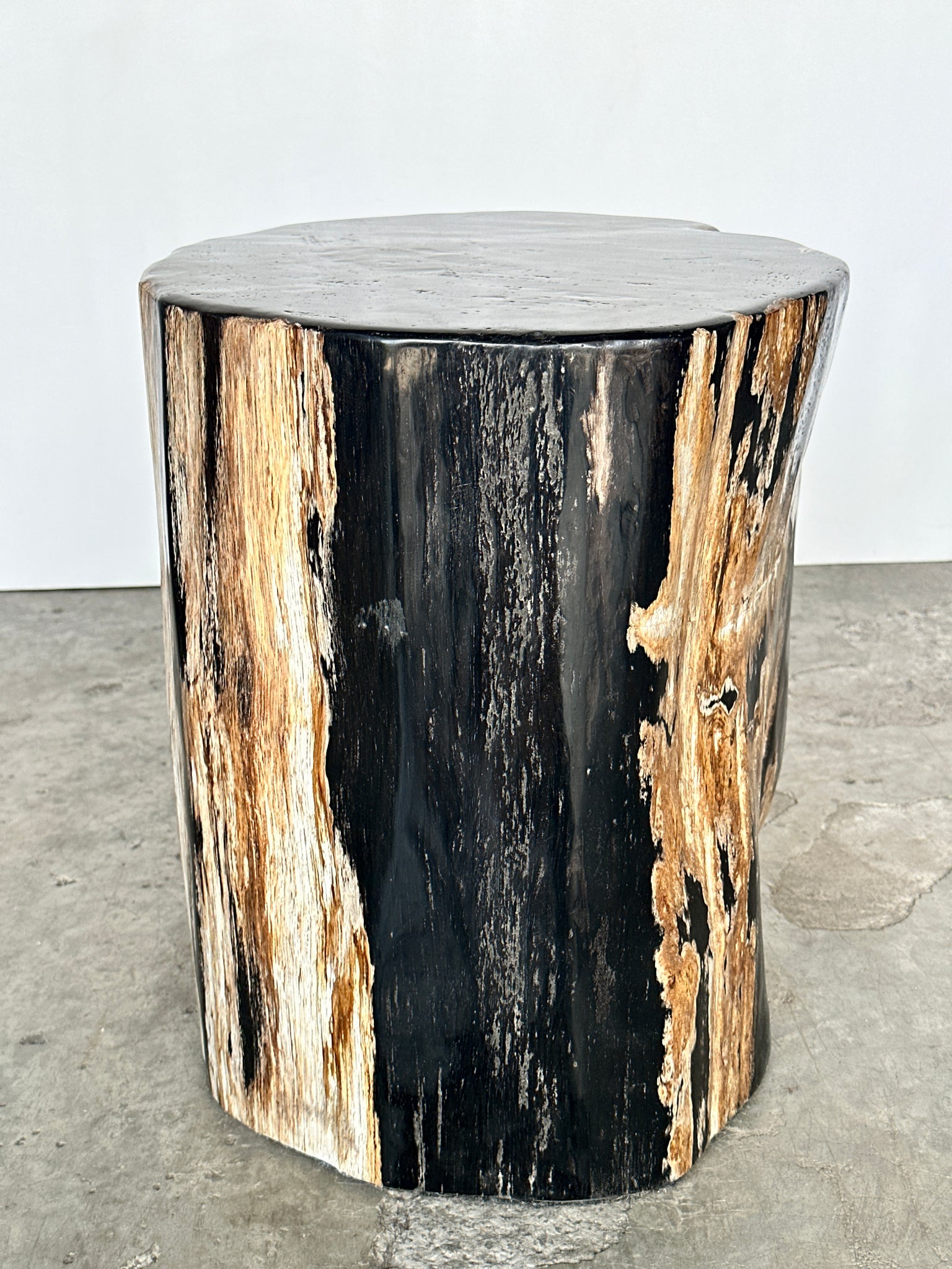 Grande table d'appoint en bois pétrifié forme organique à dominante noire H:40 D:34-42
