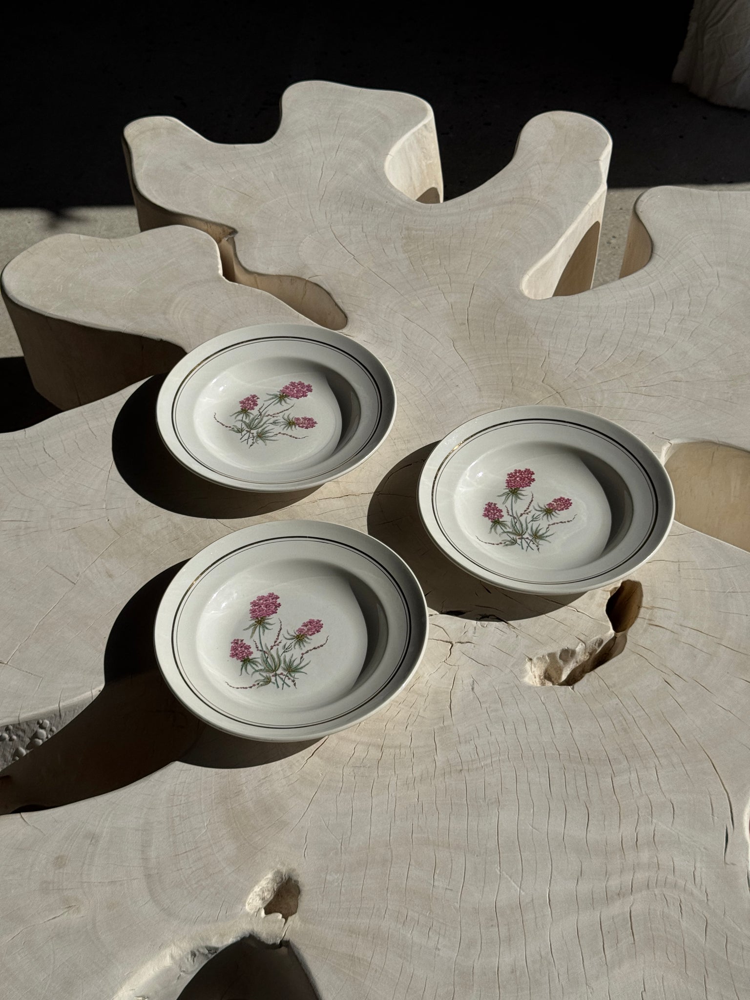 Lot de 3 assiettes creuses Moulin des Loups à motif de fleur rose et liseré doré D23