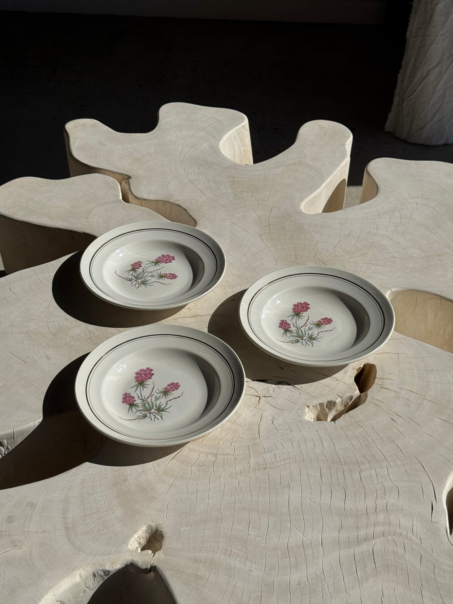 Lot de 3 assiettes creuses Moulin des Loups à motif de fleur rose et liseré doré D23