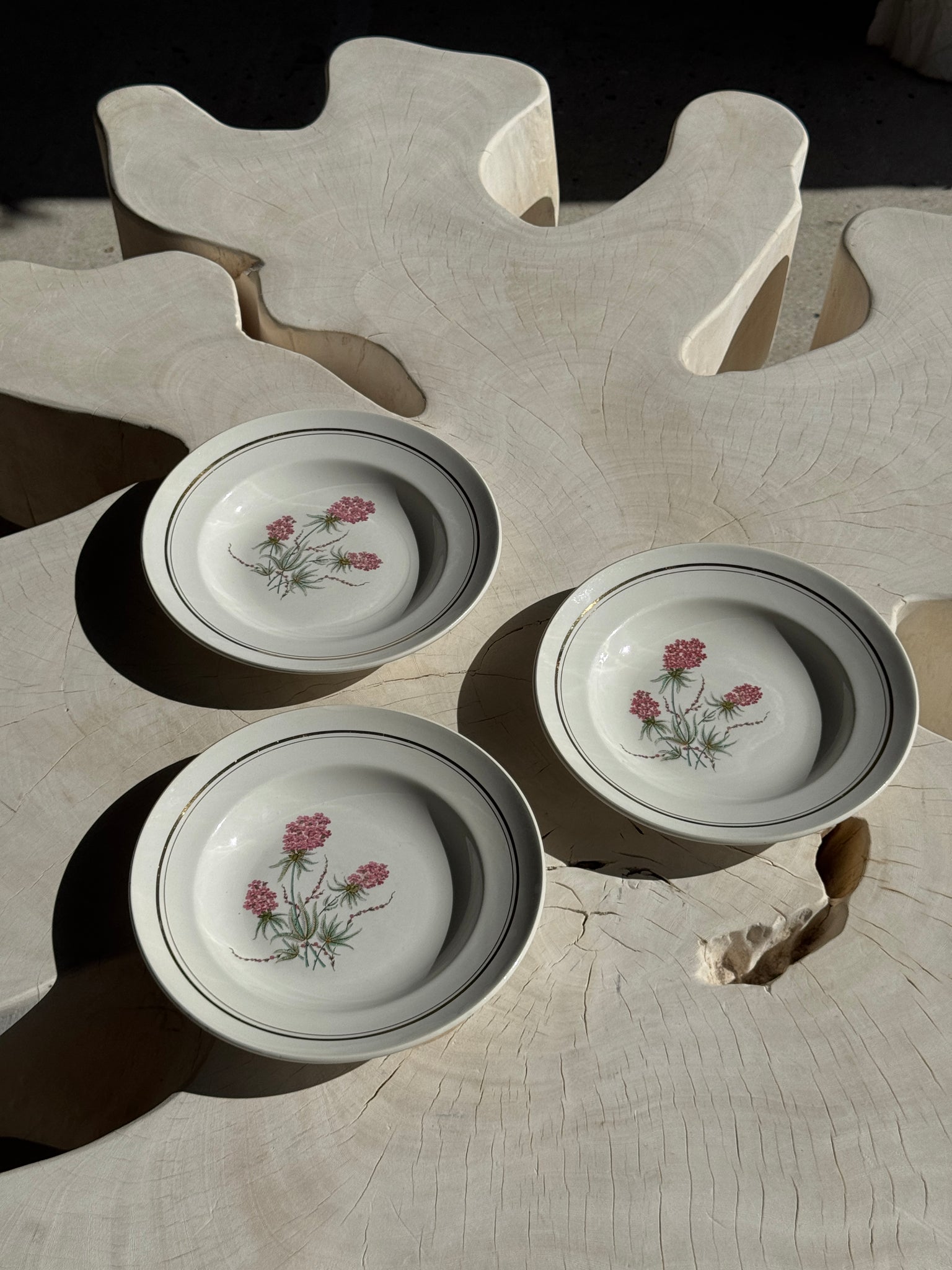 Lot de 3 assiettes creuses Moulin des Loups à motif de fleur rose et liseré doré D23