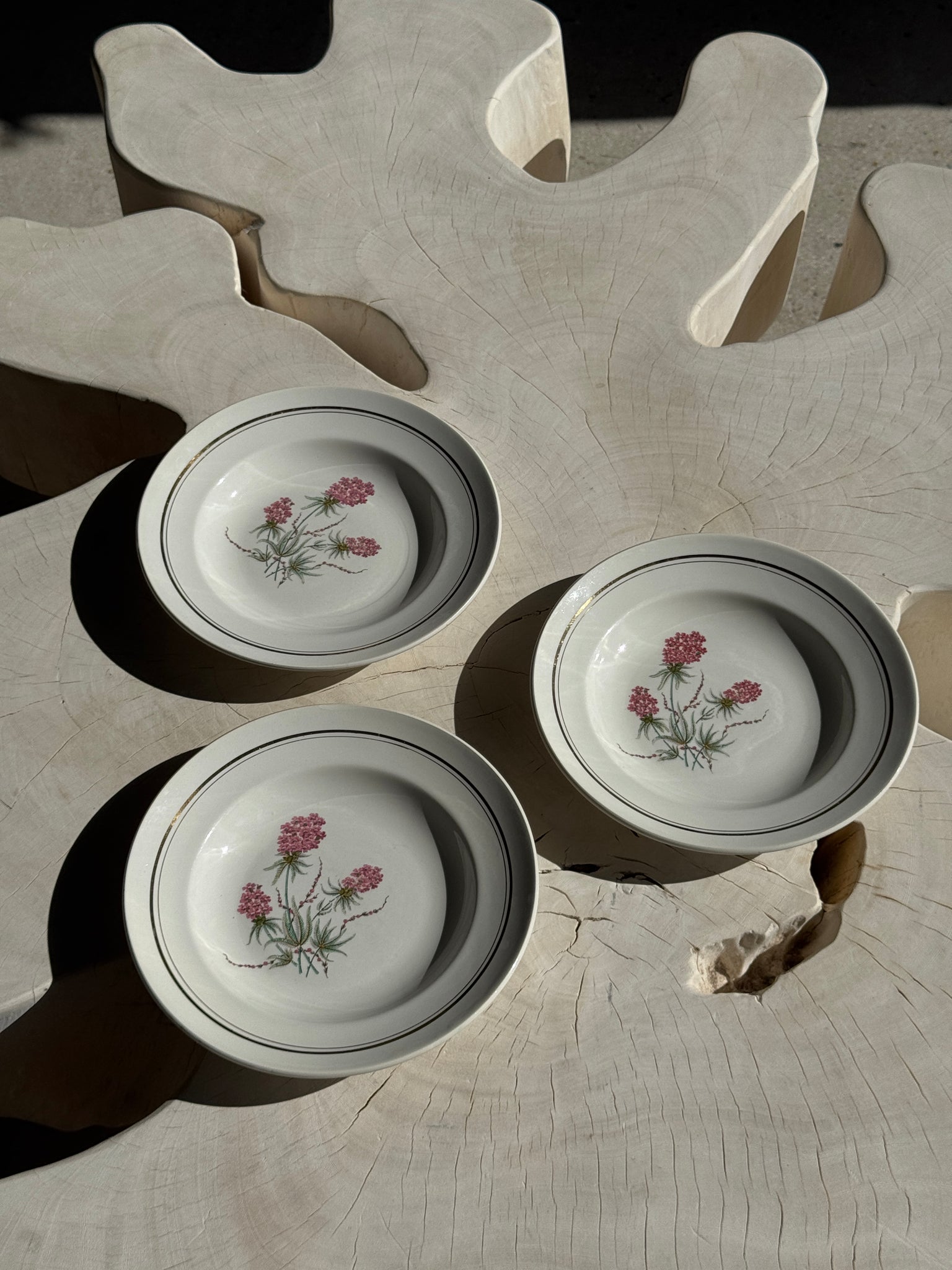 Lot de 3 assiettes creuses Moulin des Loups à motif de fleur rose et liseré doré D23