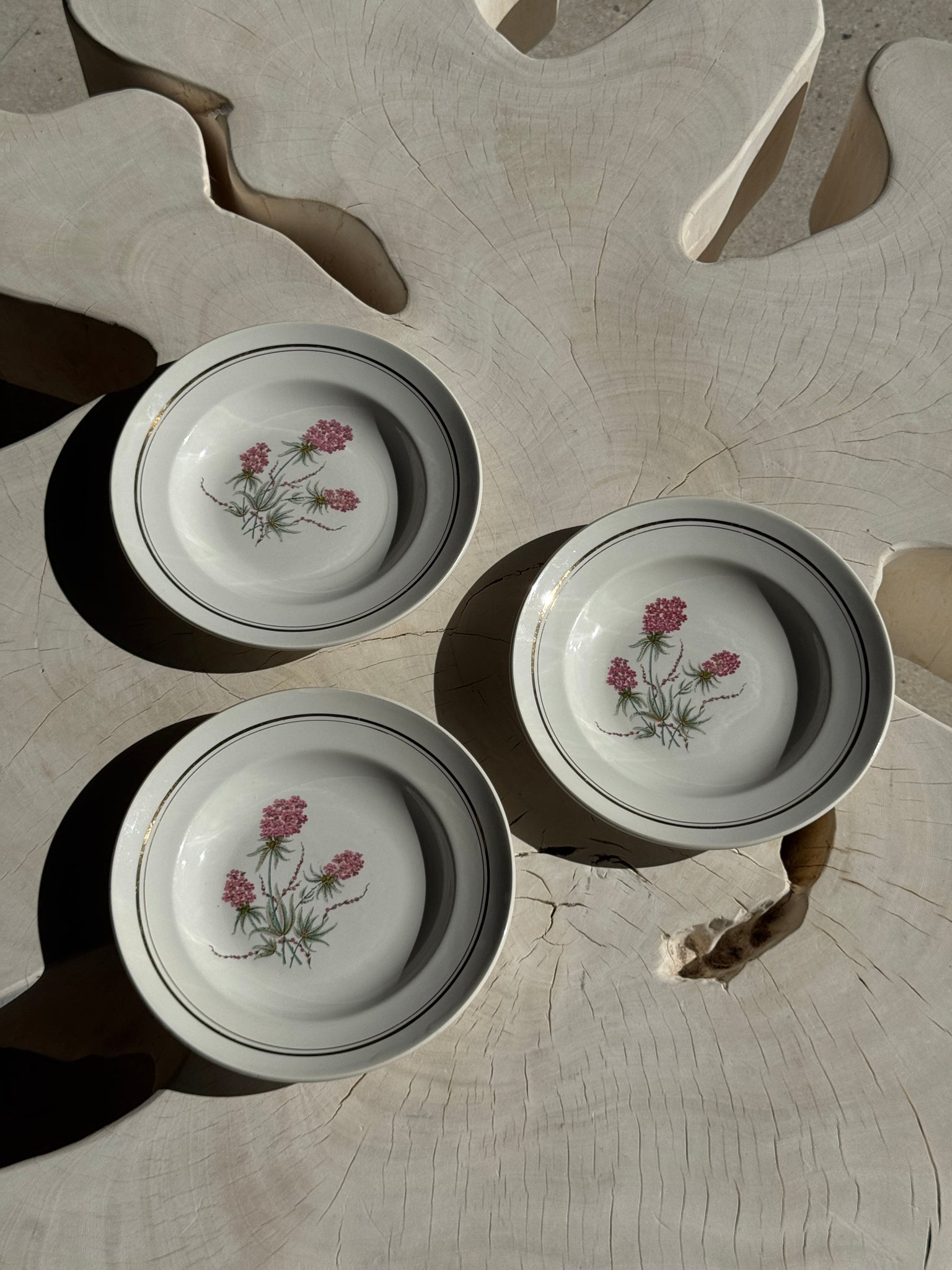 Lot de 3 assiettes creuses Moulin des Loups à motif de fleur rose et liseré doré D23