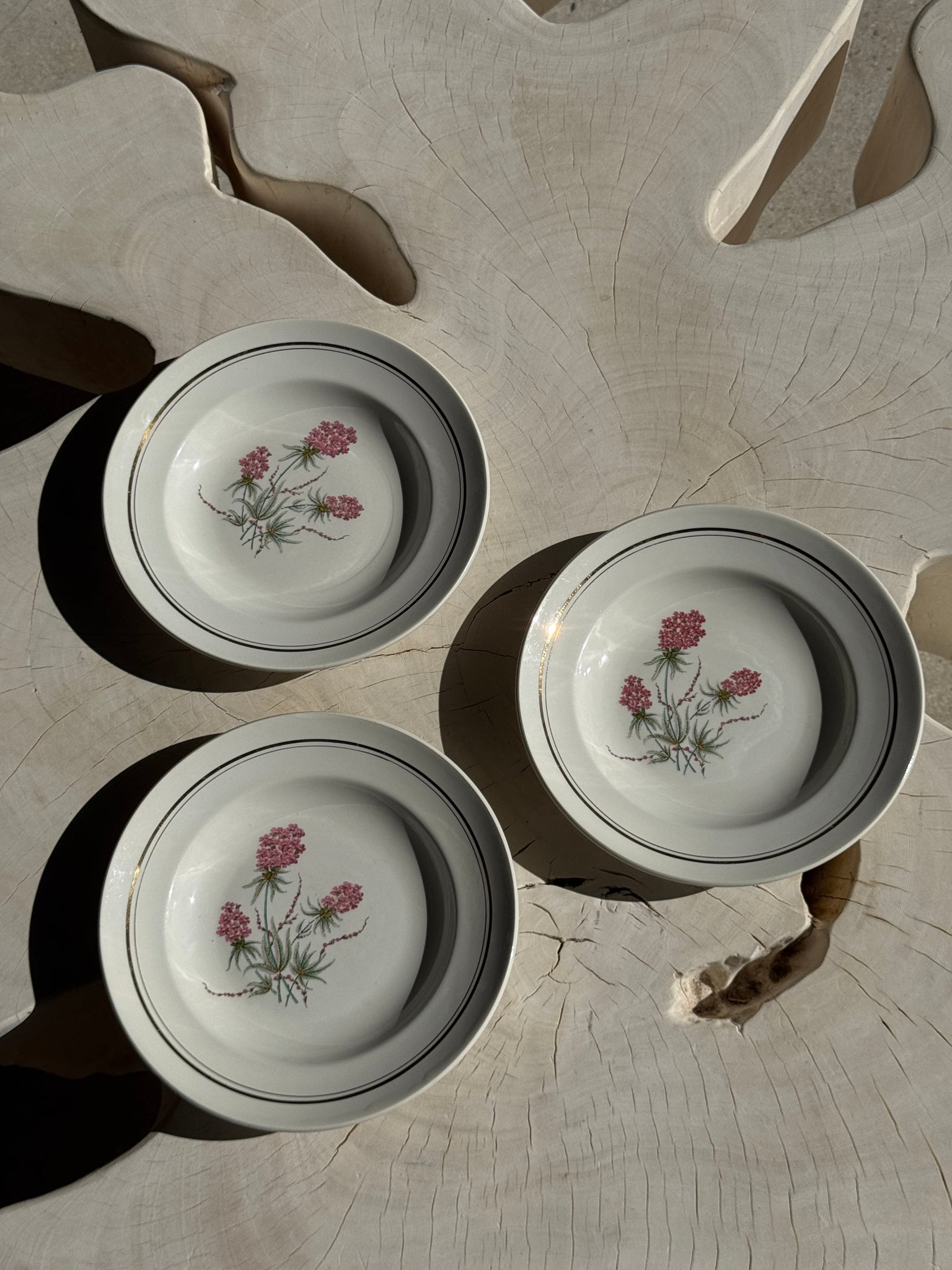 Lot de 3 assiettes creuses Moulin des Loups à motif de fleur rose et liseré doré D23