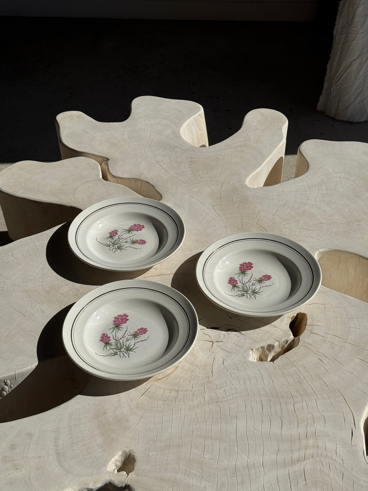 Lot de 3 assiettes creuses Moulin des Loups à motif de fleur rose et liseré doré D23