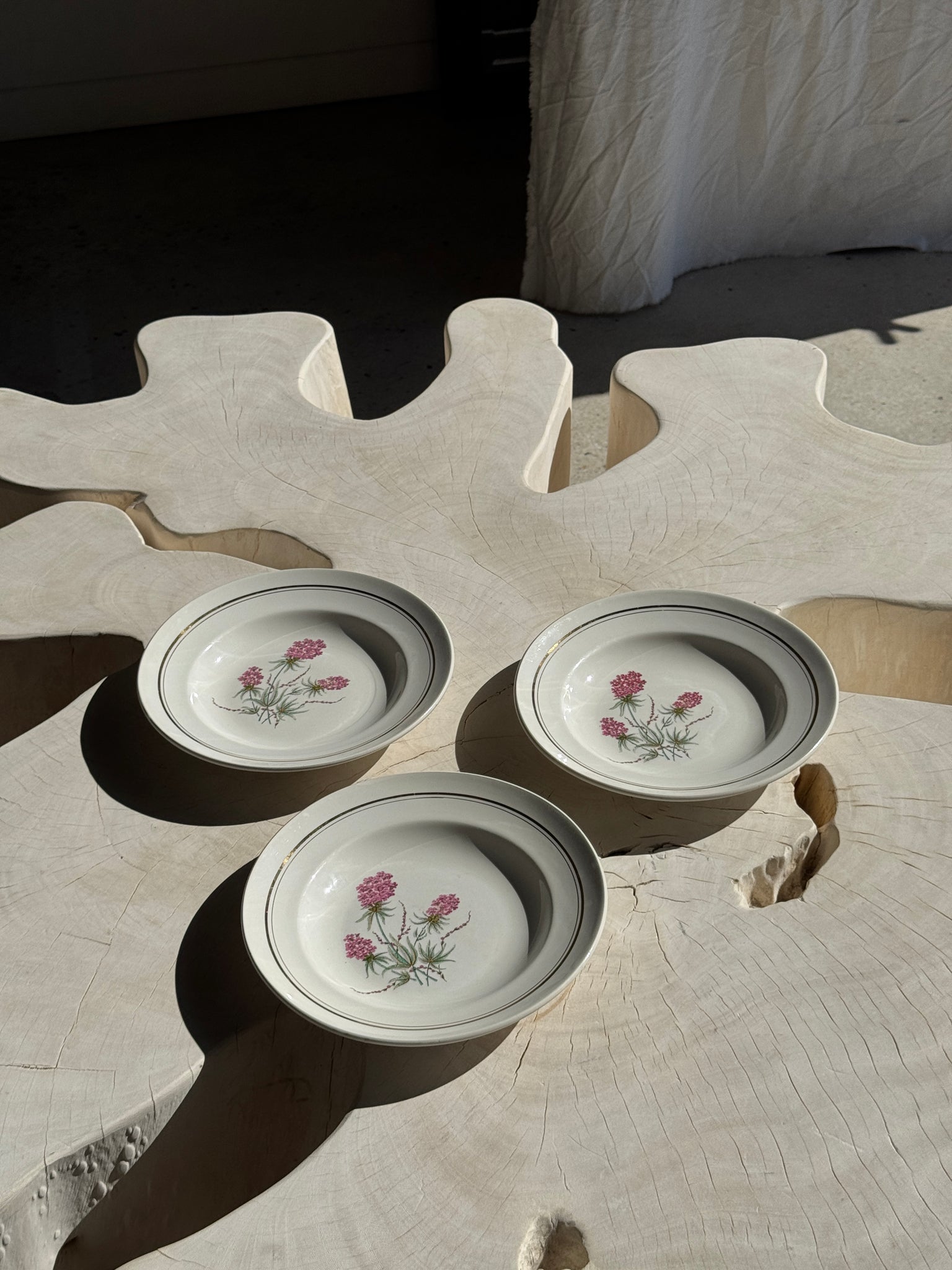 Lot de 3 assiettes creuses Moulin des Loups à motif de fleur rose et liseré doré D23