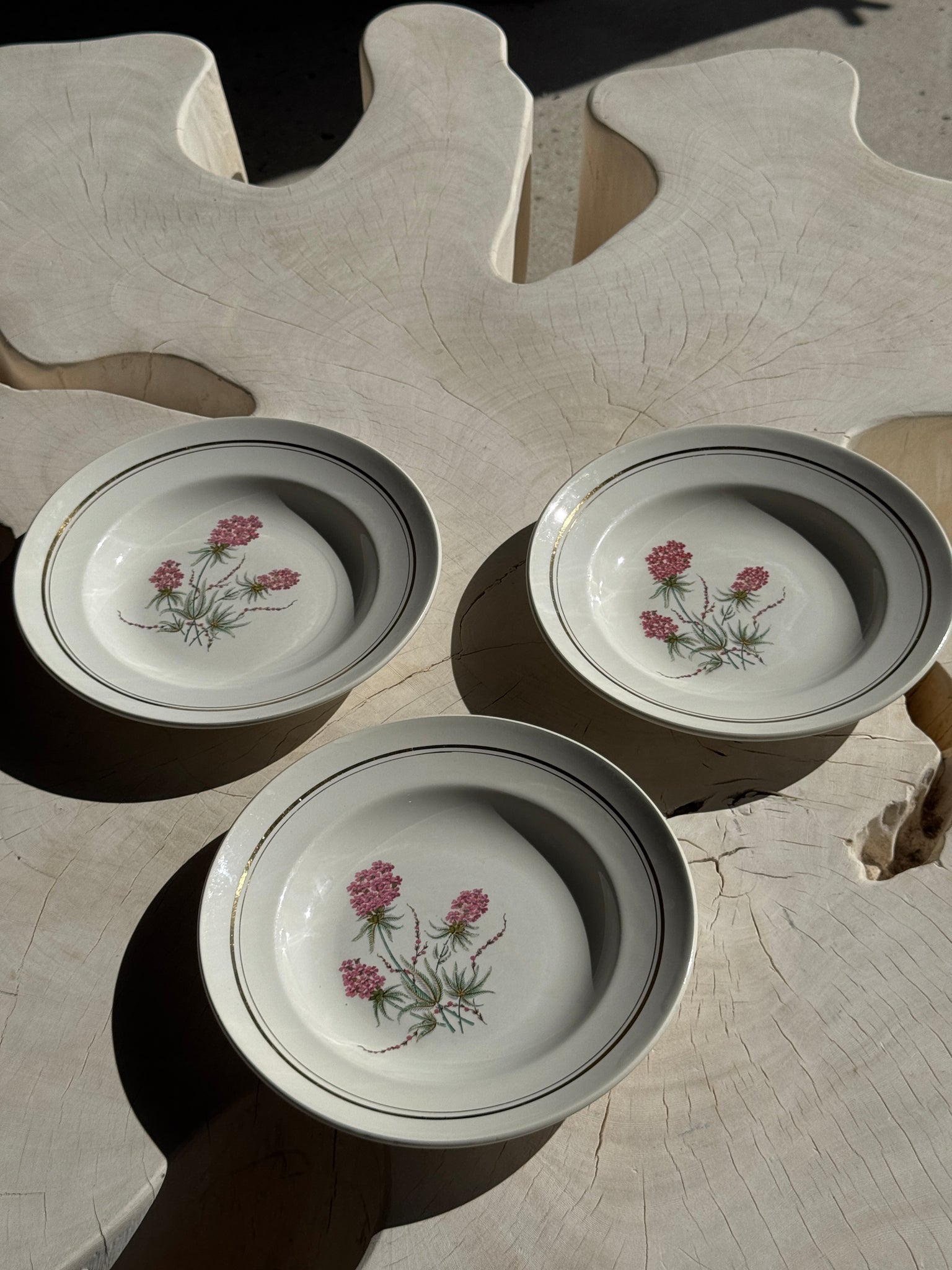Lot de 3 assiettes creuses Moulin des Loups à motif de fleur rose et liseré doré D23