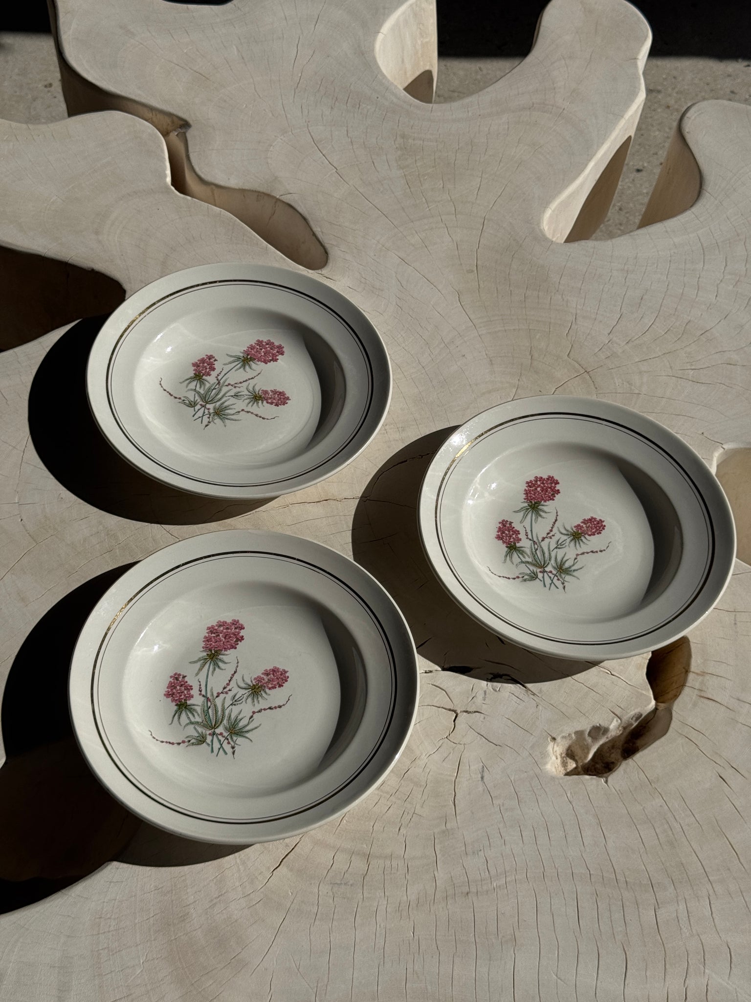 Lot de 3 assiettes creuses Moulin des Loups à motif de fleur rose et liseré doré D23