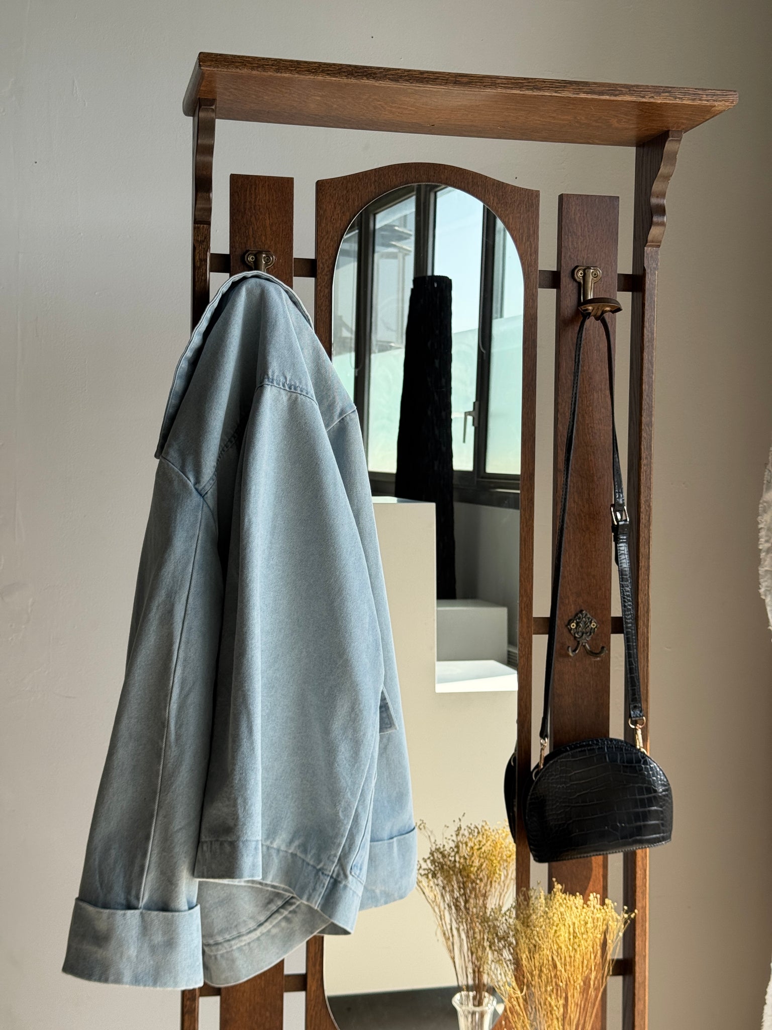 Meuble porte-manteau avec miroir, patères et petit coffre H182 L65 P33