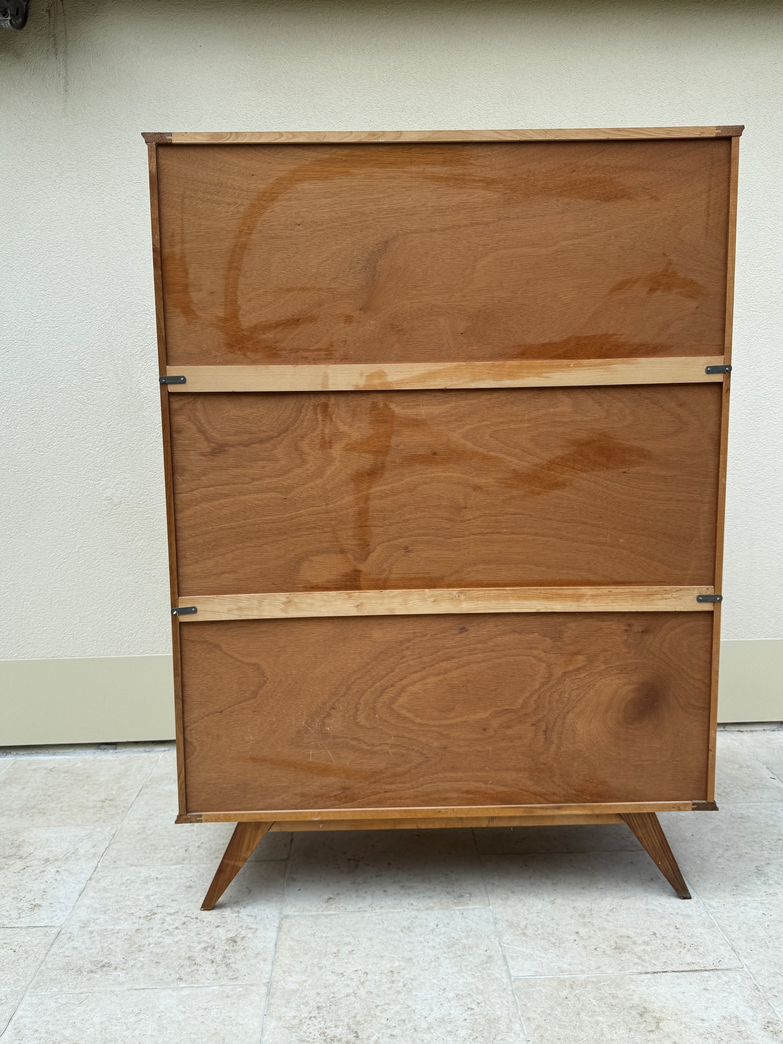 Armoire pieds compas années 60 de style scandinave en bois et miroir