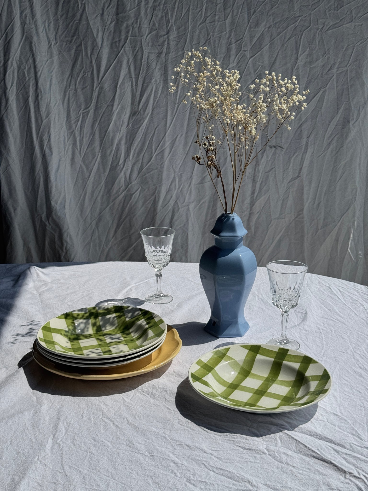 Lot de 4 assiettes vertes quadrillées creuses Moulin des Loups