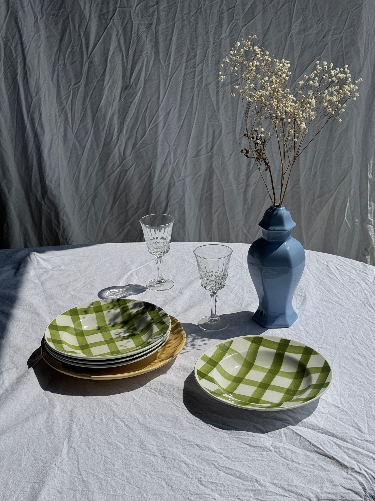 Lot de 4 assiettes vertes quadrillées creuses Moulin des Loups