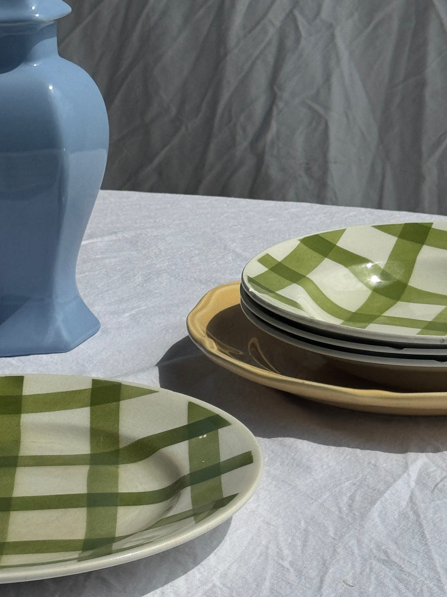 Lot de 4 assiettes vertes quadrillées creuses Moulin des Loups