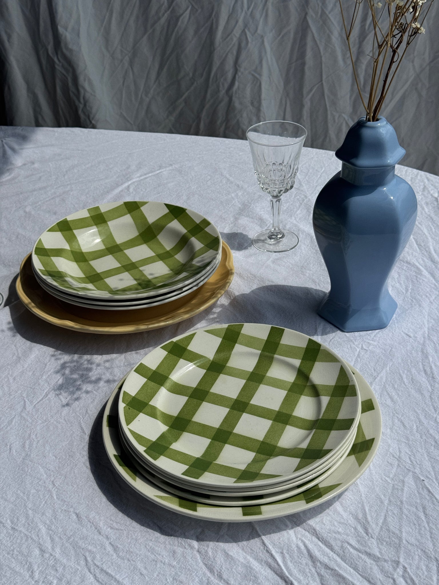 Lot de 4 assiettes à dessert vertes quadrillées plates Moulin des Loups D24