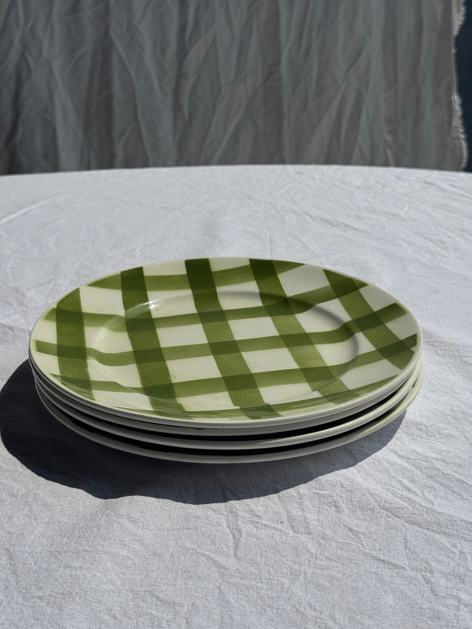 Lot de 4 assiettes à dessert vertes quadrillées plates Moulin des Loups D24