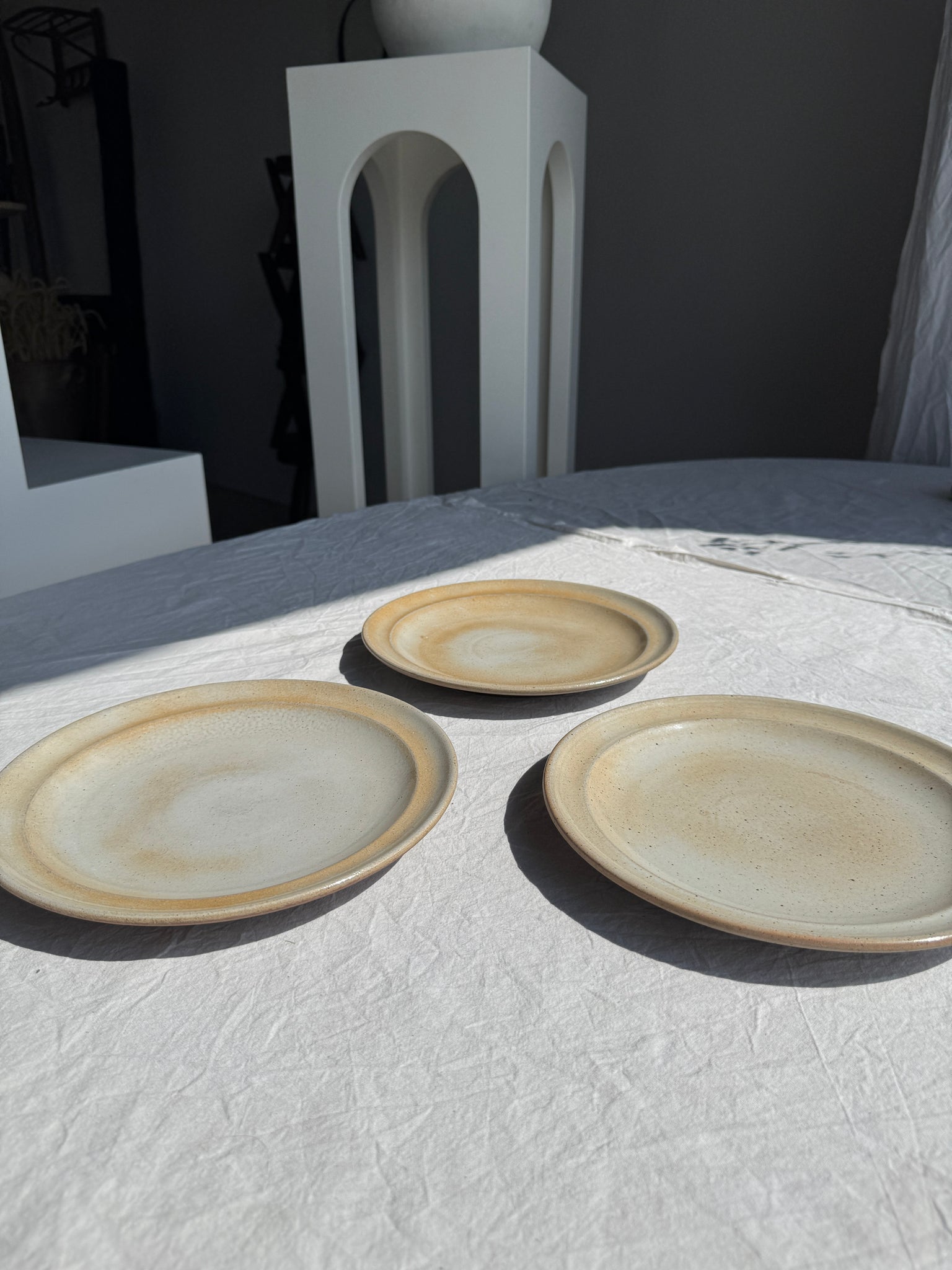Lot de 3 assiettes en grès beige gris D25