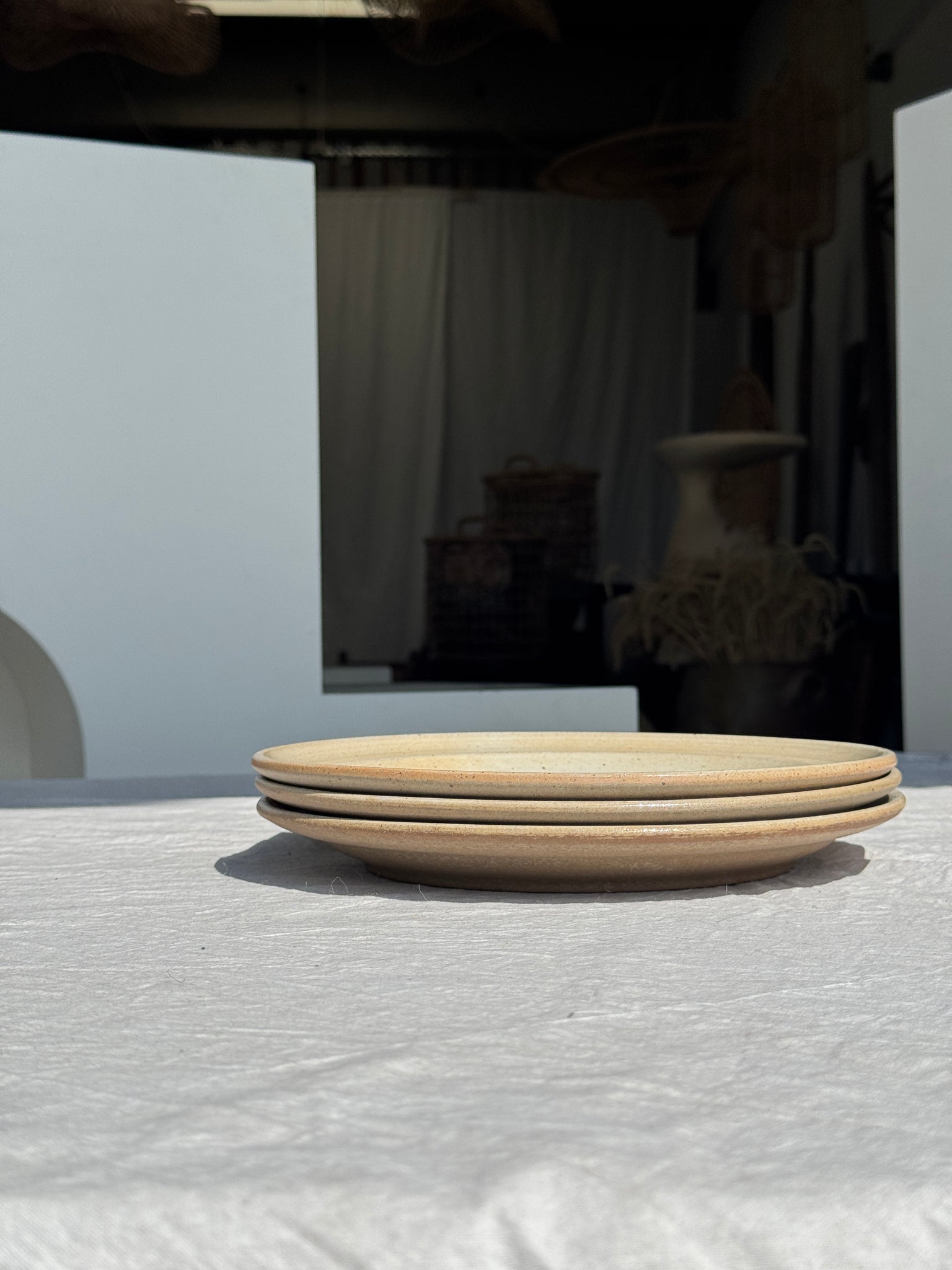 Lot de 3 assiettes en grès beige gris D25