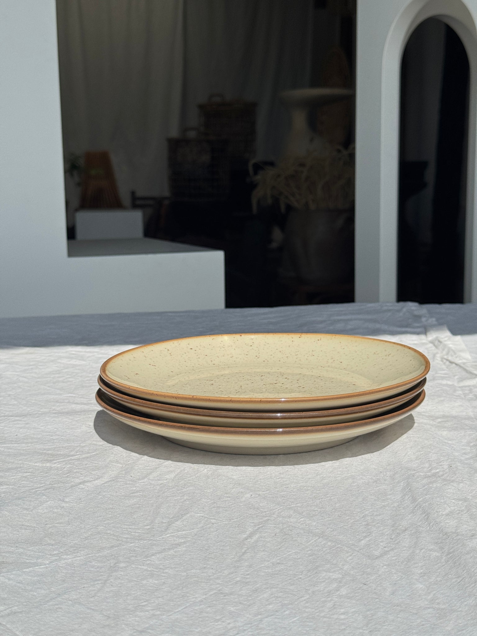 Lot de 3 assiettes en grès blanc moucheté D24