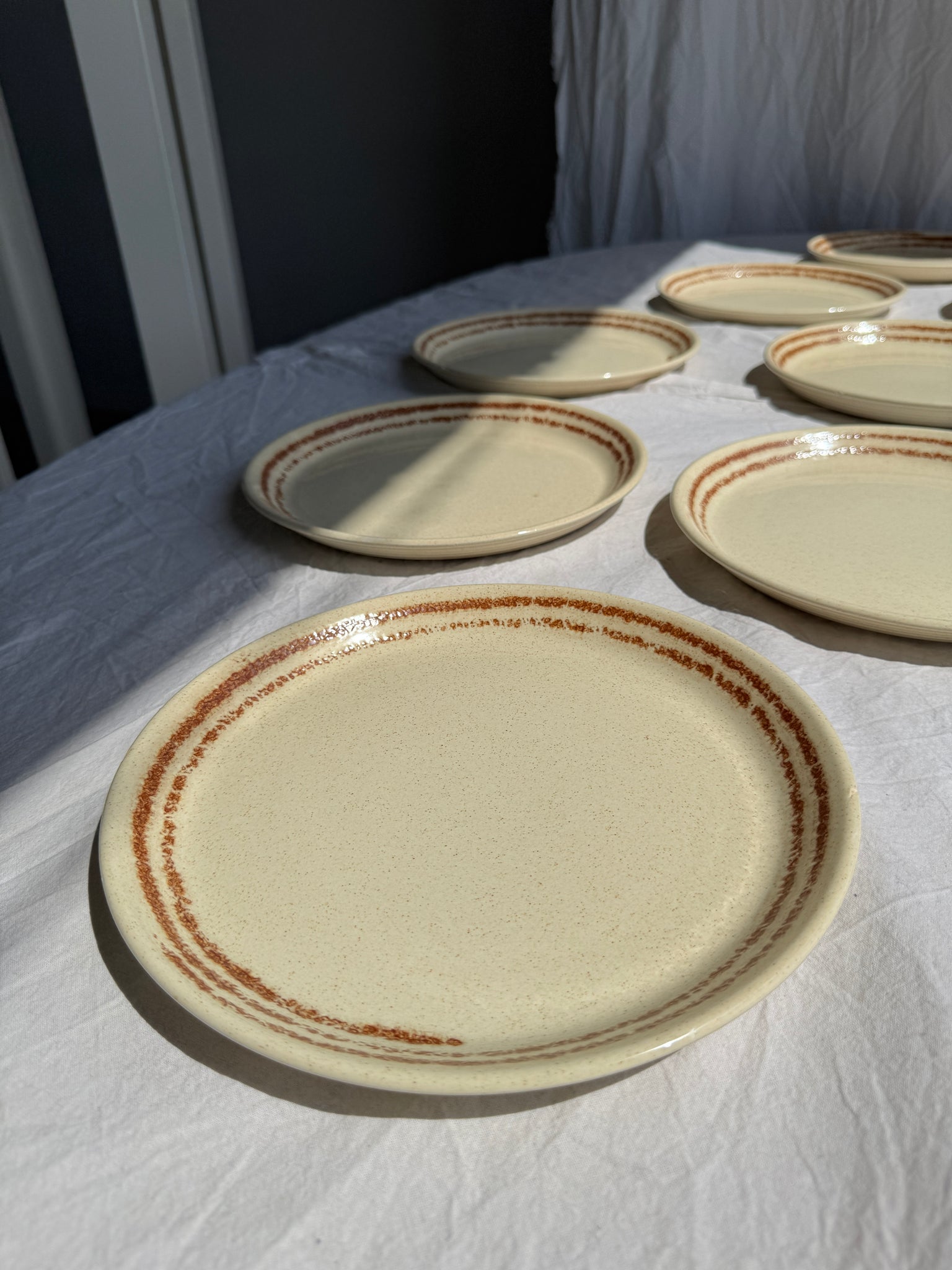 Lot de 11 assiettes en grès blanc liseré brun D24,5