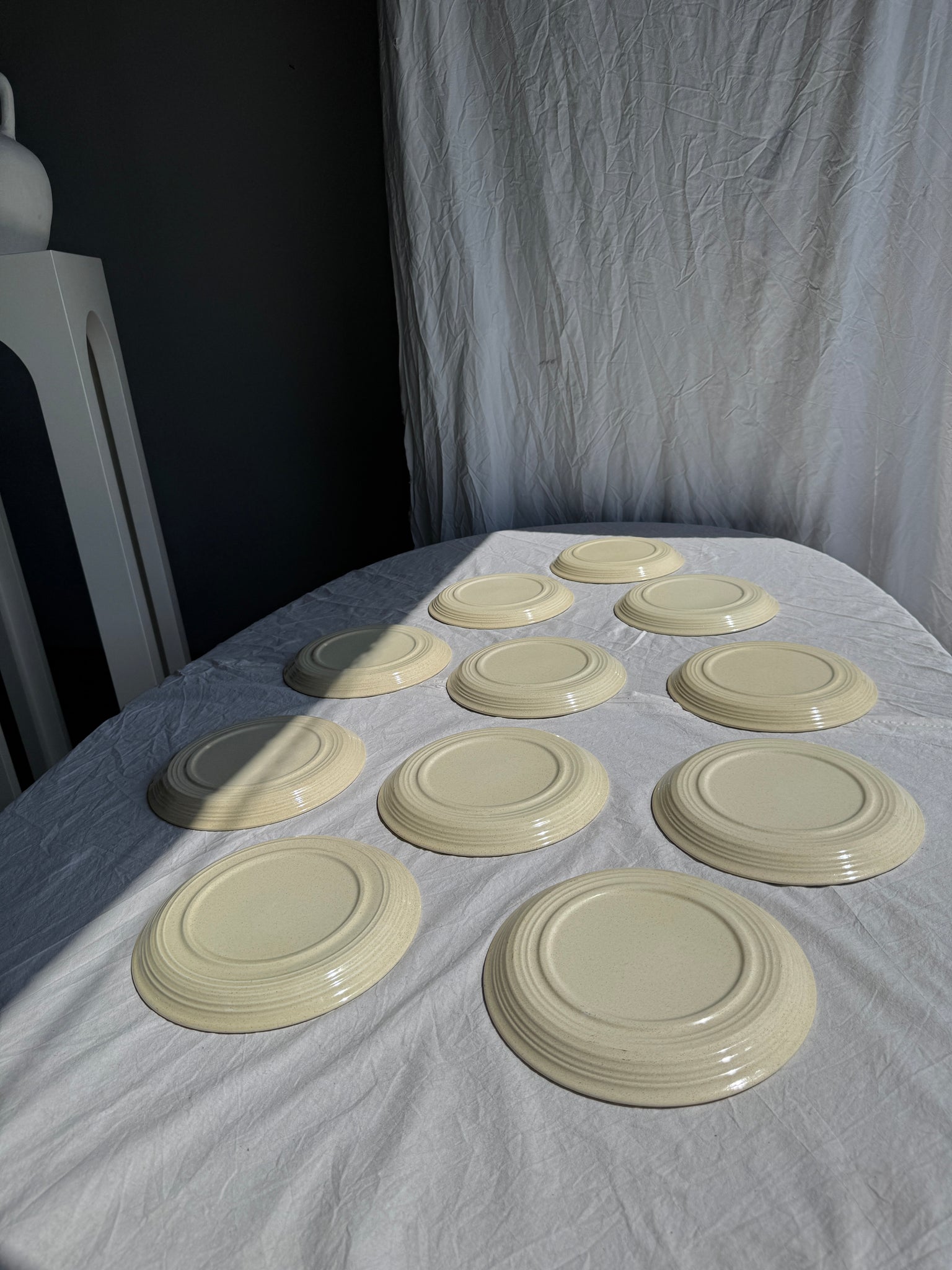 Lot de 11 assiettes en grès blanc liseré brun D24,5