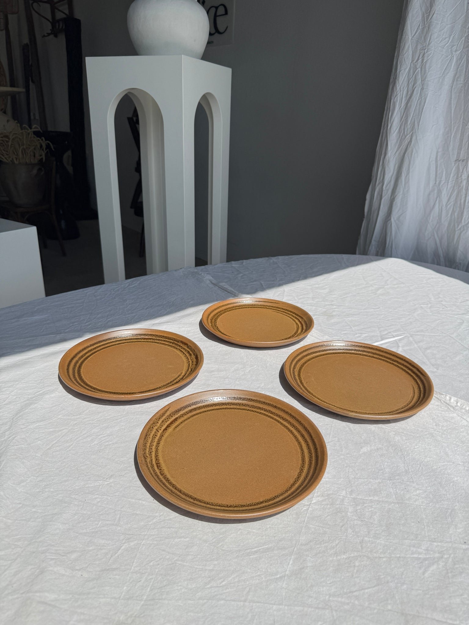 Lot de 4 assiettes en grès brune liseré brun