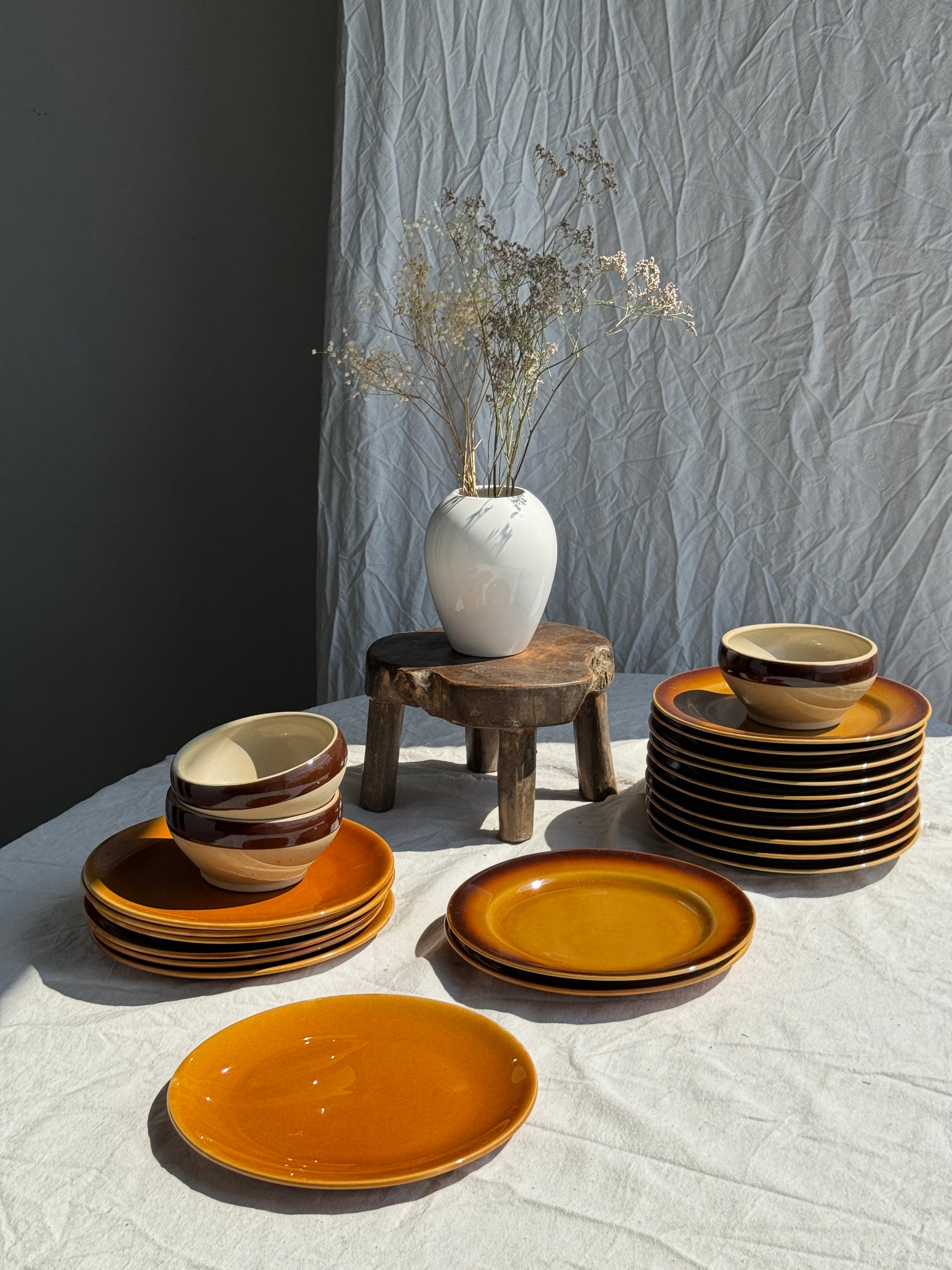 Lot de 11 assiettes en grès jaune brun foncé D24