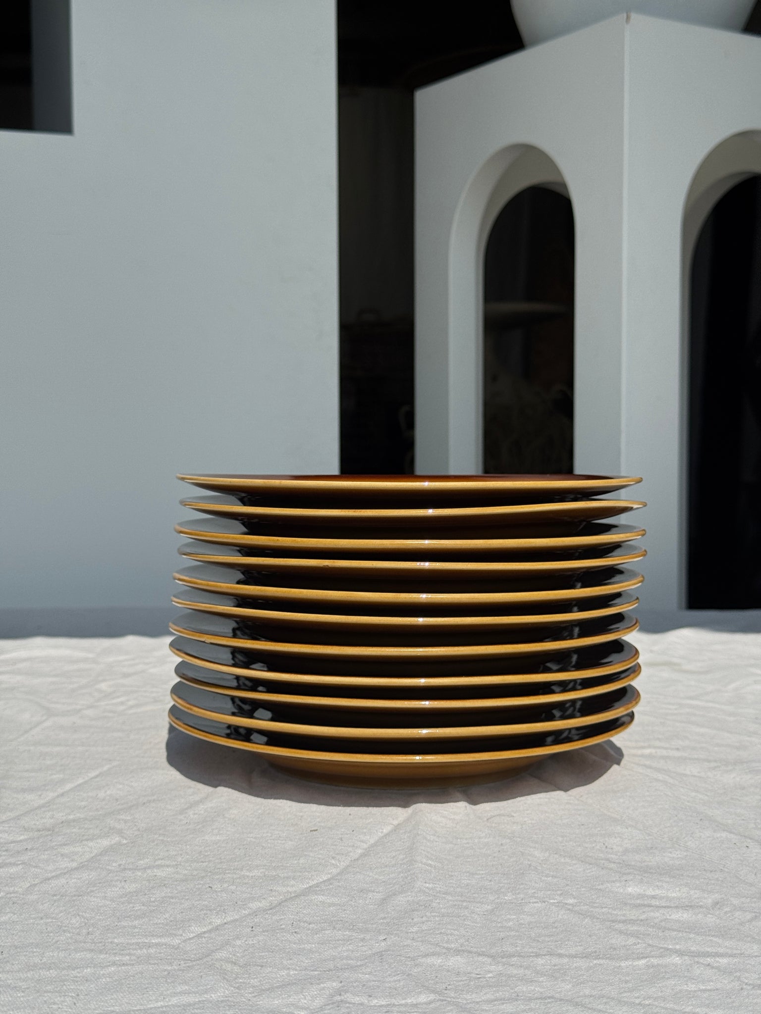 Lot de 11 assiettes en grès jaune brun foncé D24
