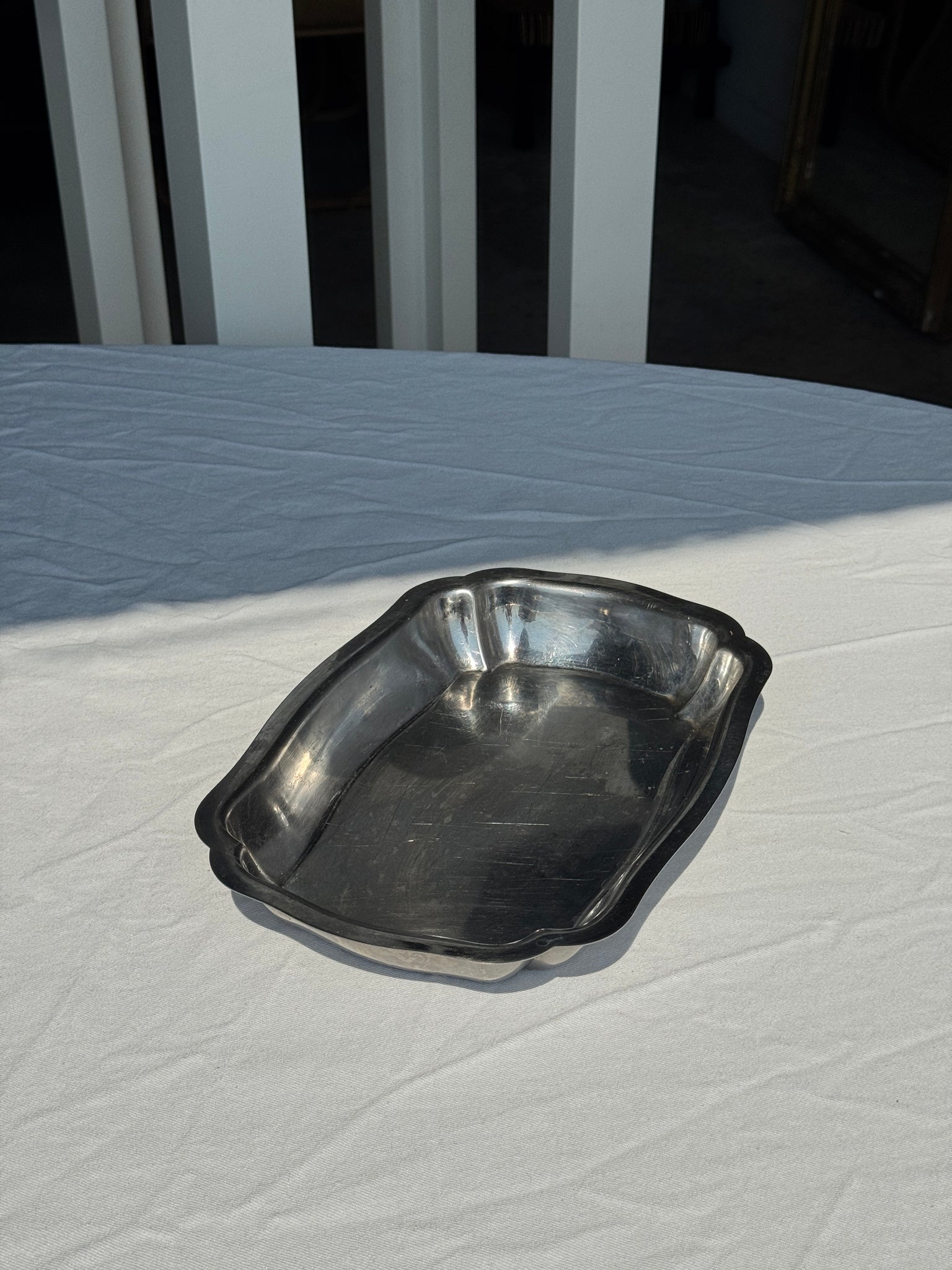 Plat de service en métal argenté ovale rectangulaire bords haut 30,5 x 21