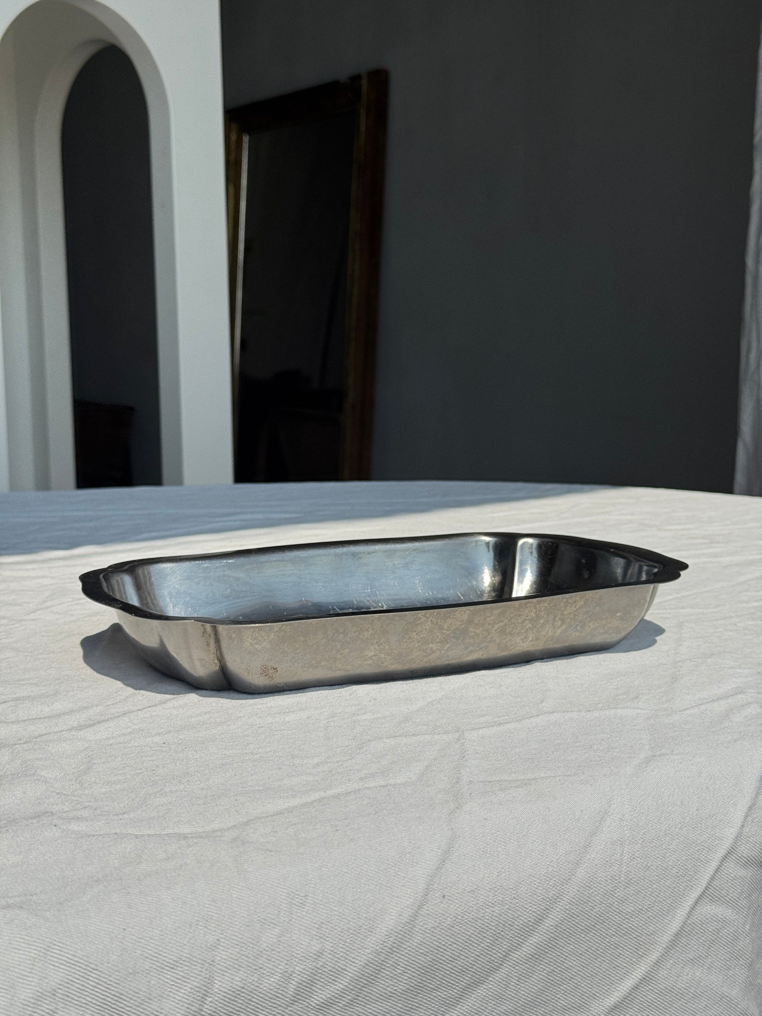 Plat de service en métal argenté ovale rectangulaire bords haut 30,5 x 21