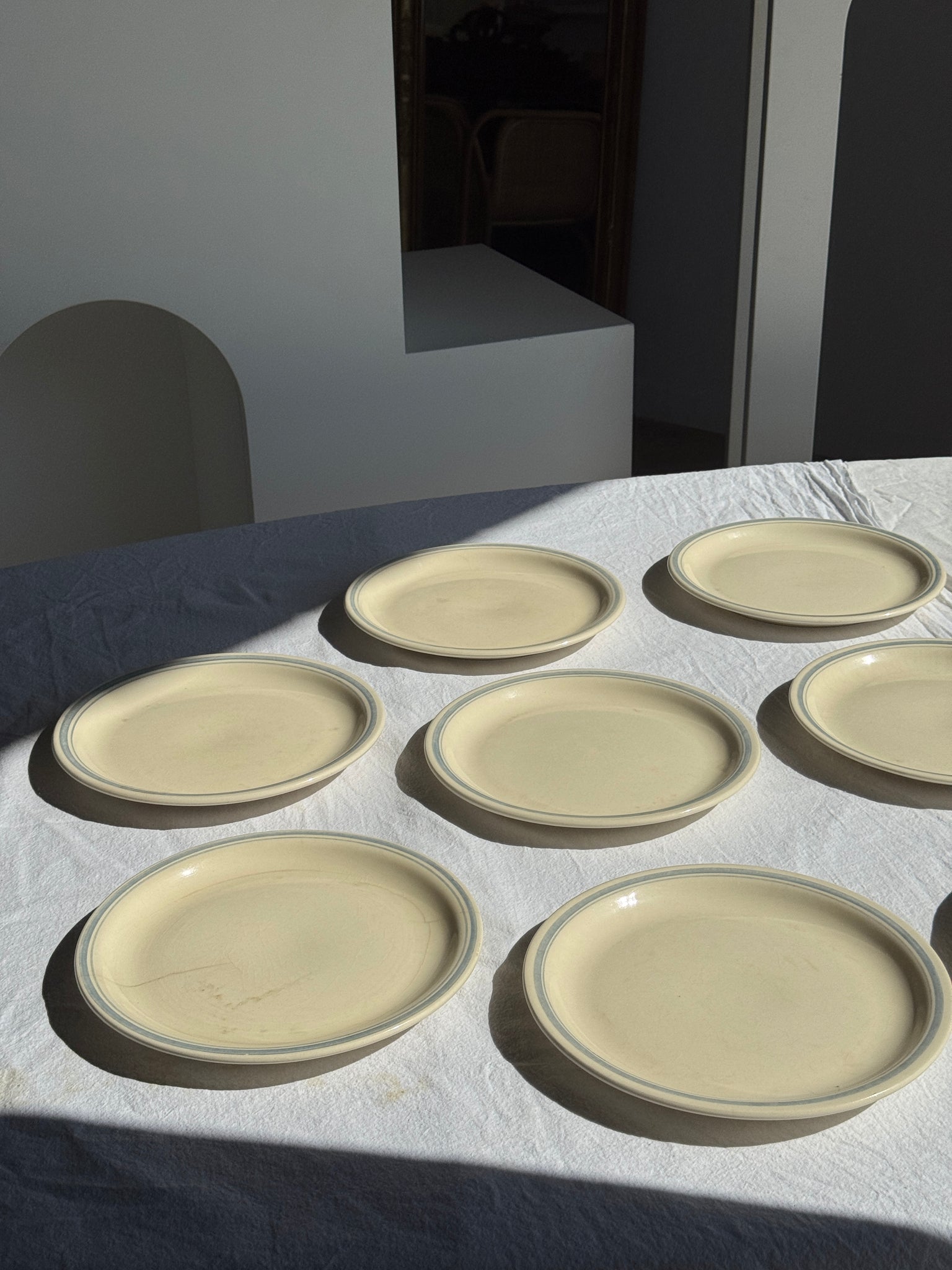 Lot de 8 assiettes plates blanches liseré bleu vintage D23,5