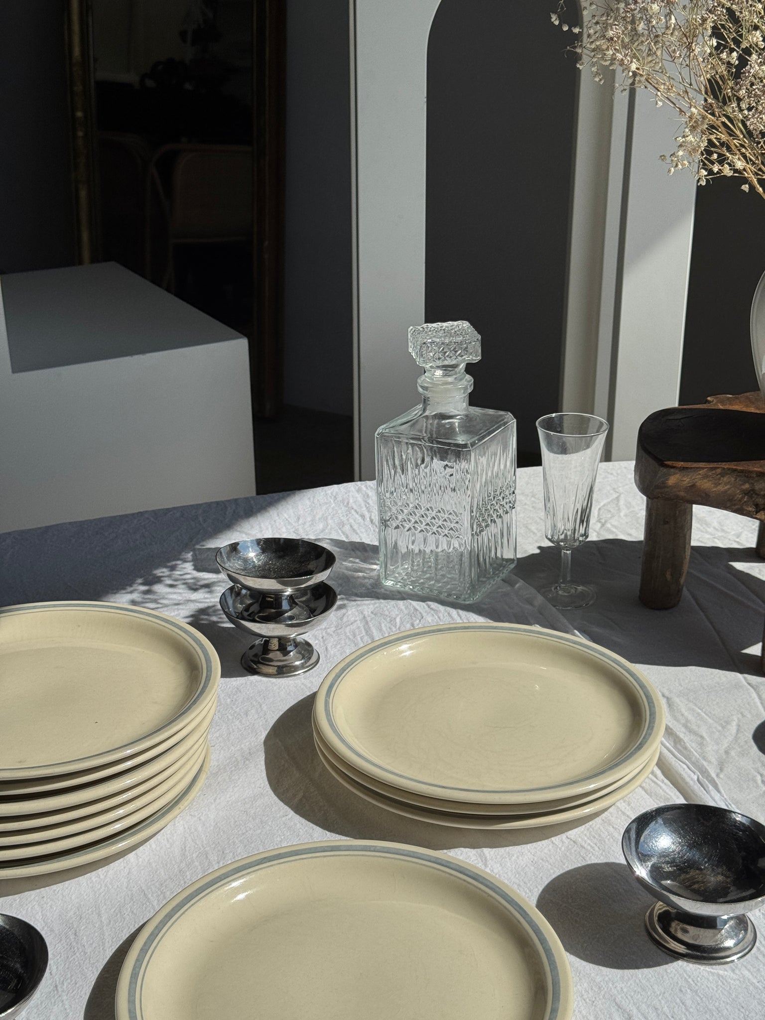 Lot de 8 assiettes plates blanches liseré bleu vintage D23,5