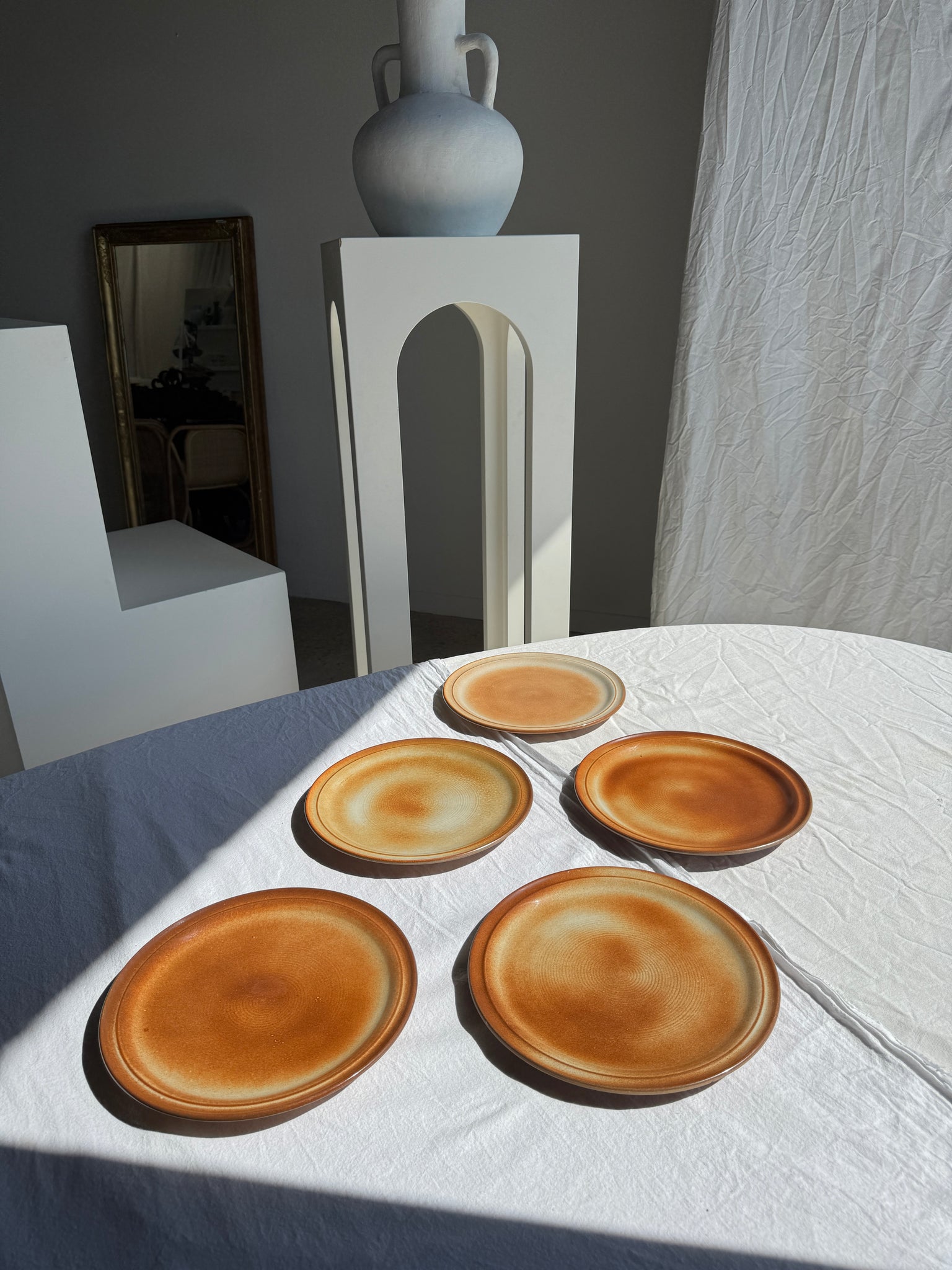 Lot de 5 assiettes à plat principal en grès marron bordure Marque France Petit pot D25,5