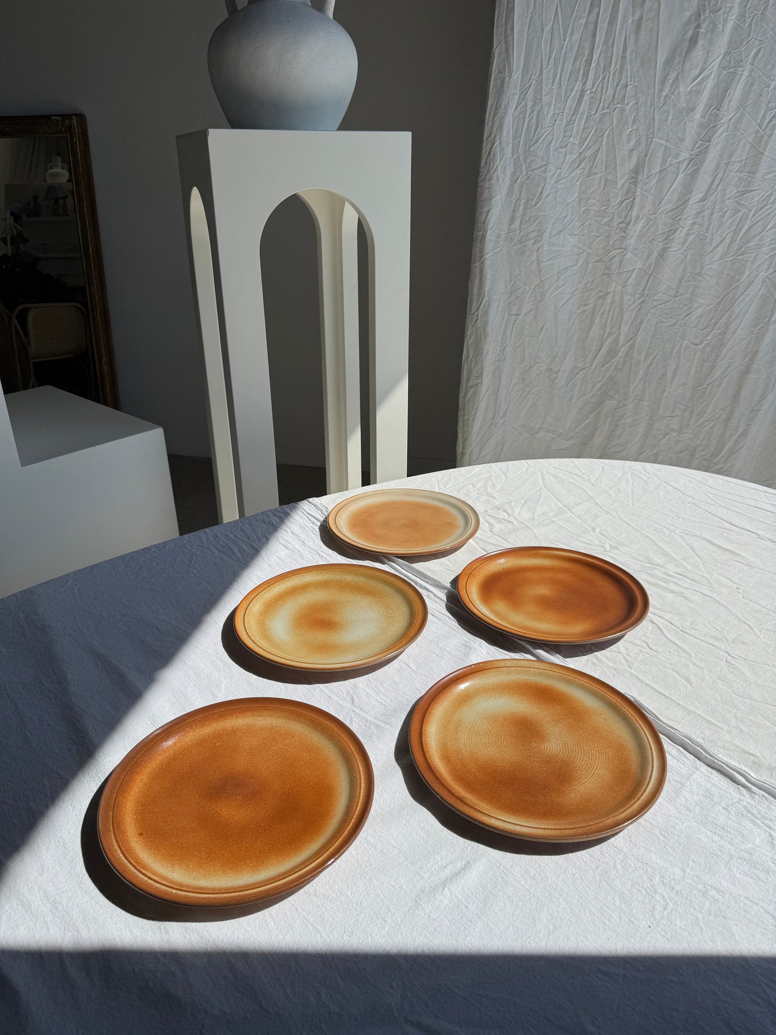 Lot de 5 assiettes à plat principal en grès marron bordure Marque France Petit pot D25,5