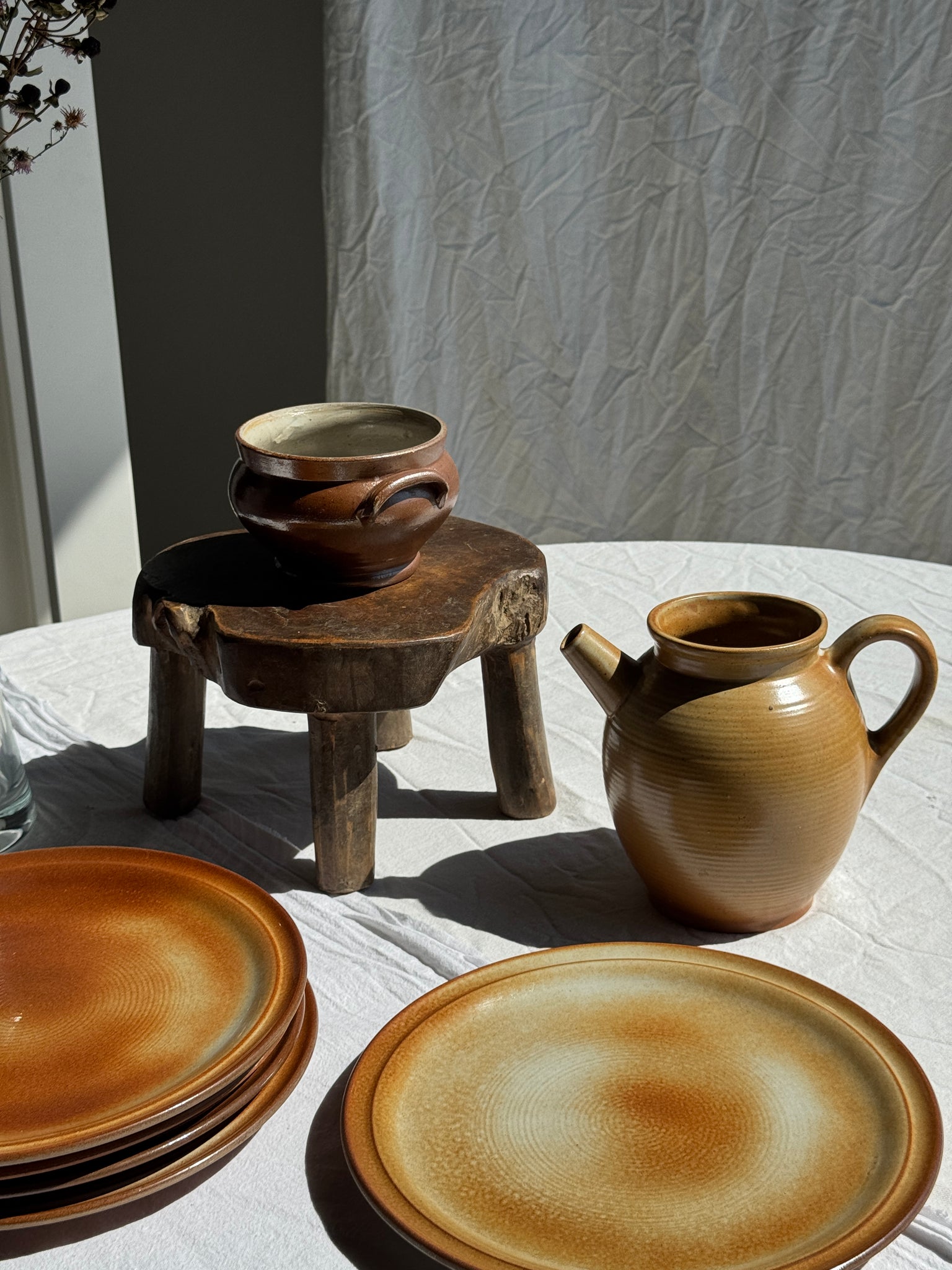Lot de 5 assiettes à plat principal en grès marron bordure Marque France Petit pot D25,5