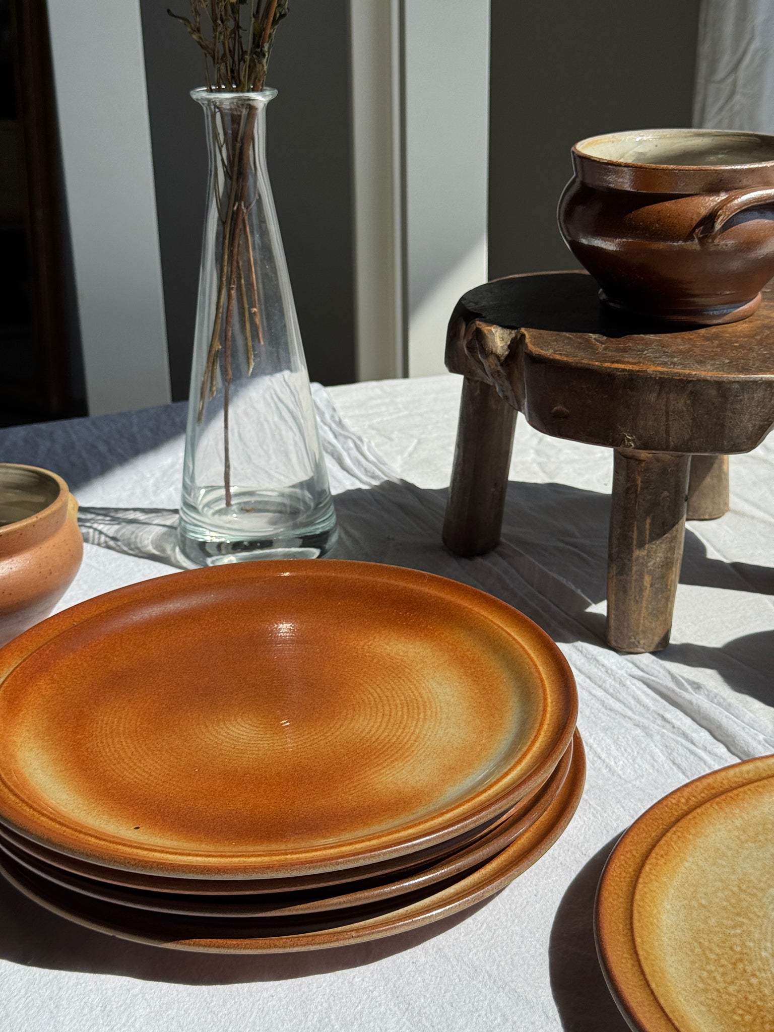 Lot de 5 assiettes à plat principal en grès marron bordure Marque France Petit pot D25,5