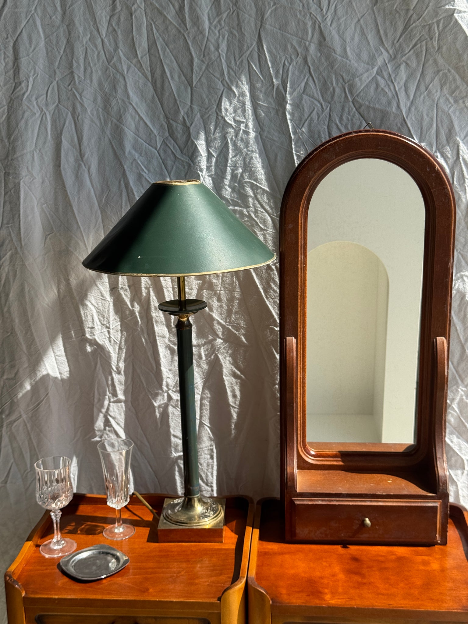 Lampe à poser vintage verte et dorée H60 D30