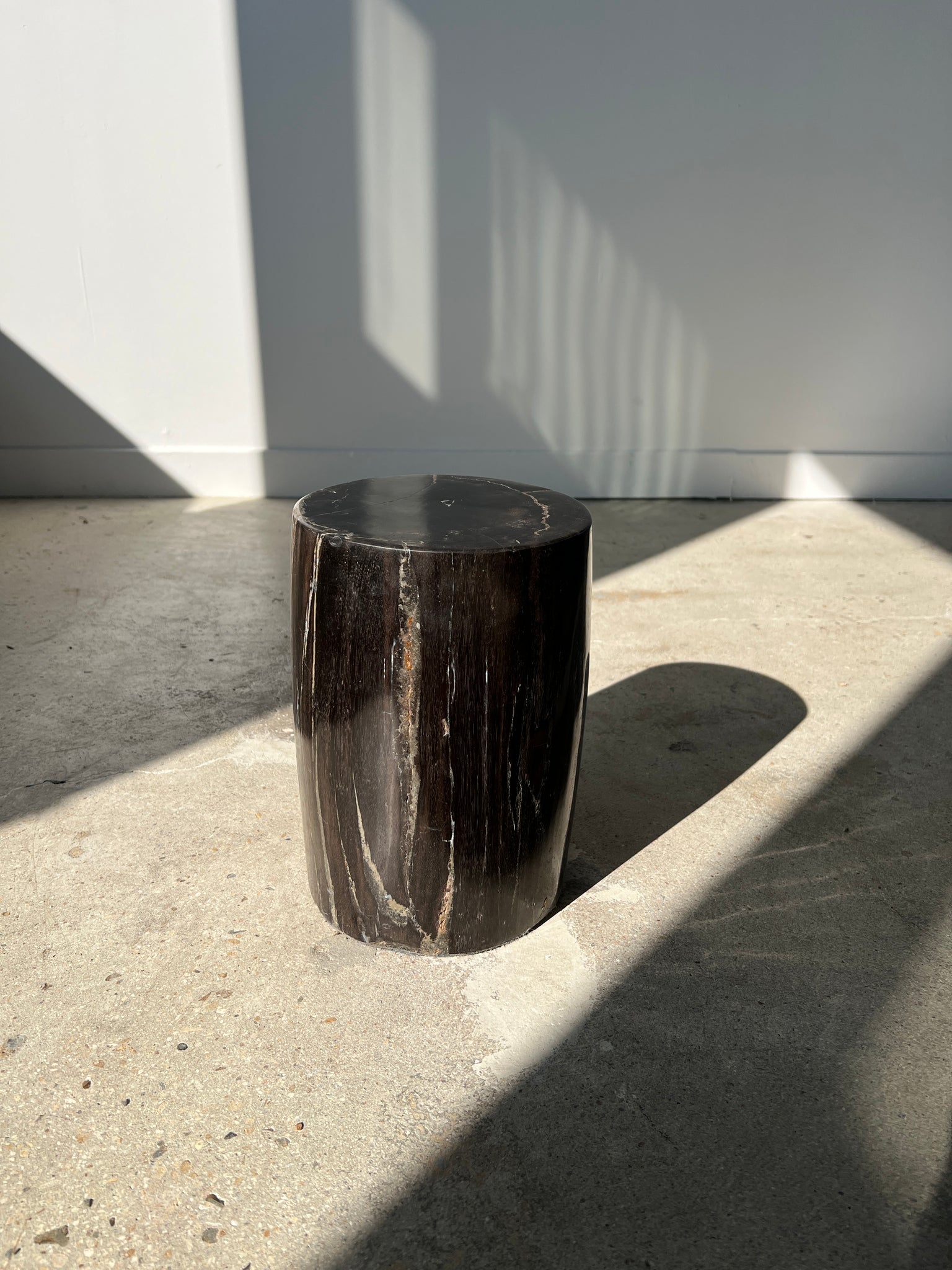 Petite table d'appoint en bois pétrifié noire H:28,5cm D:18cm