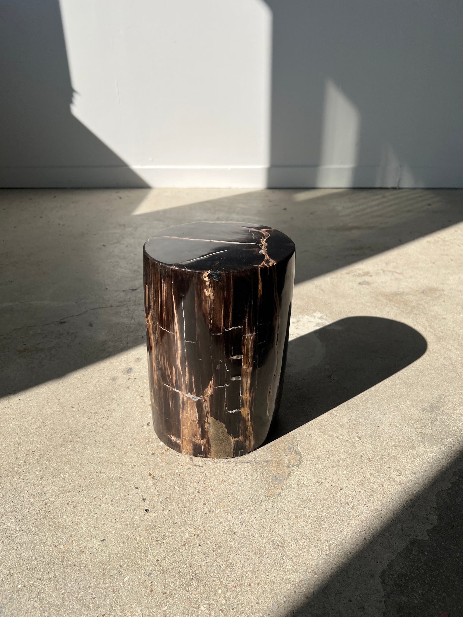 Petite table d'appoint en bois pétrifié noire à stries claires H: 27,5cm D:18,5cm