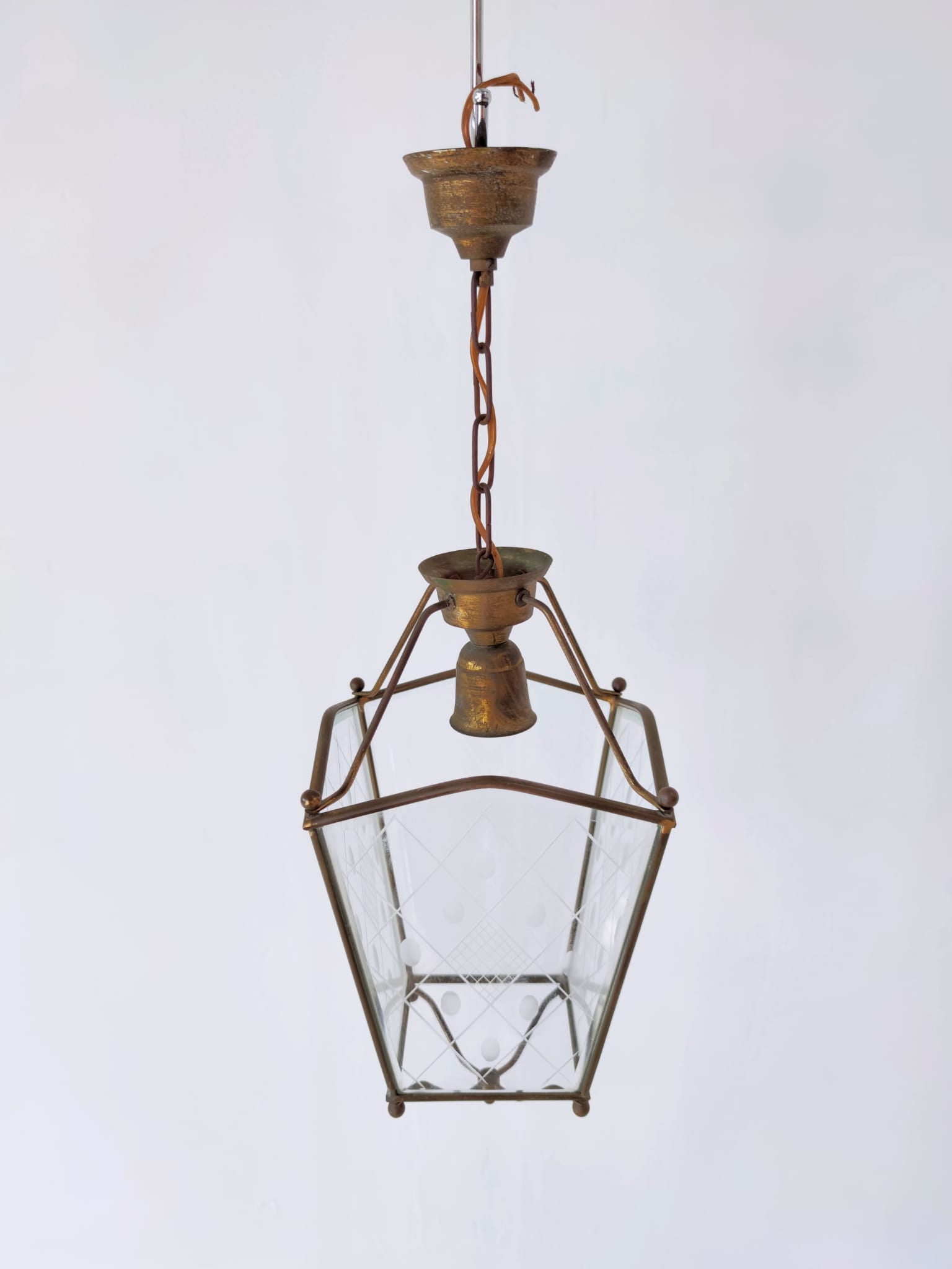 Lanterne vintage à 4 faces, verre gravé de décor géométrique